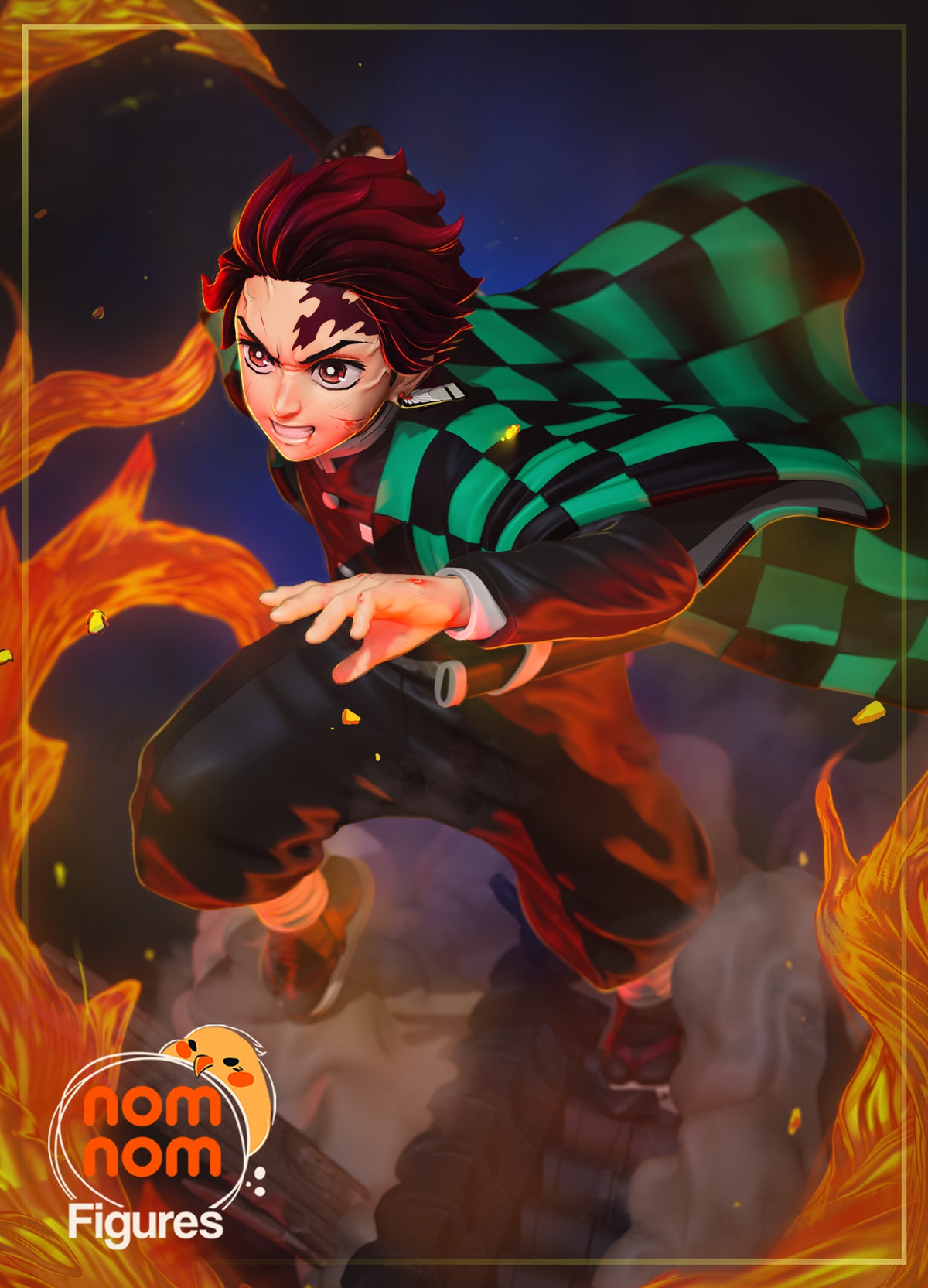 A painted three-quarter Tanjiro from Demon Slayer lunges forward as a resin figure, hand extended.