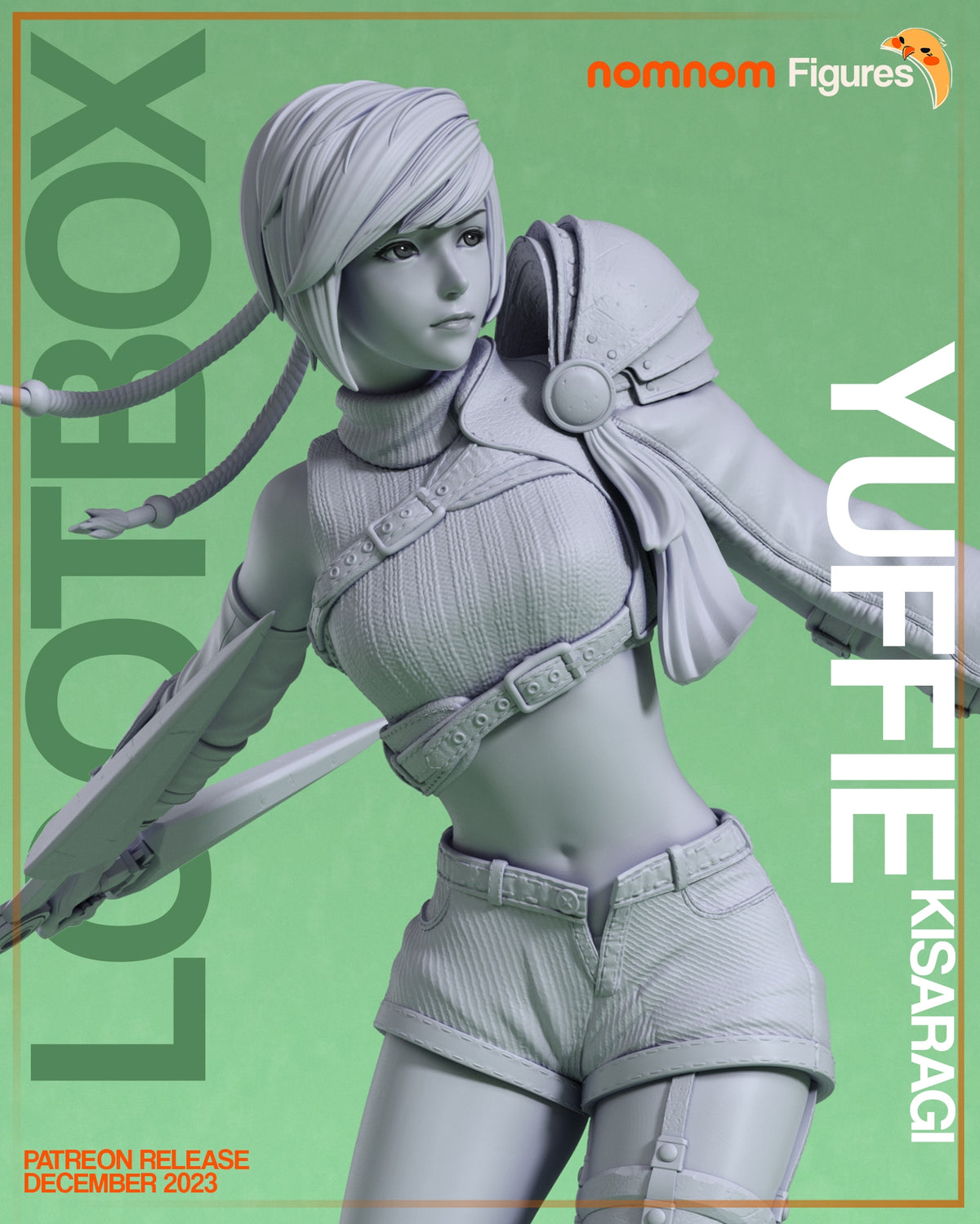 Yuffie Kisaragi resin figure in dynamic pose with weapons, short hair, detailed clothing and accessories against green background.