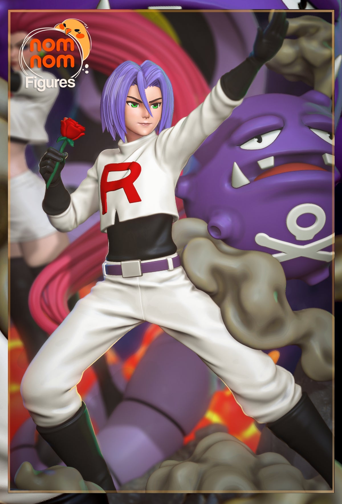 James from Pokémon is a painted resin figure shown front-facing, holding a rose with one arm raised.
