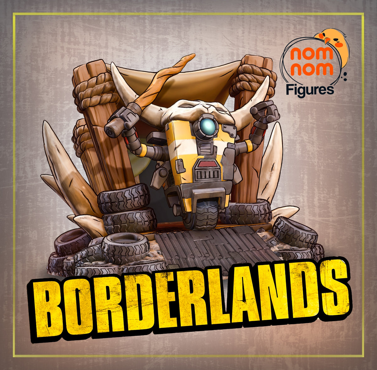 Claptrap resin Chibi figure from Borderlands displayed front-center on a rocky base with yellow and brown painted details, articulated arms raised outward.