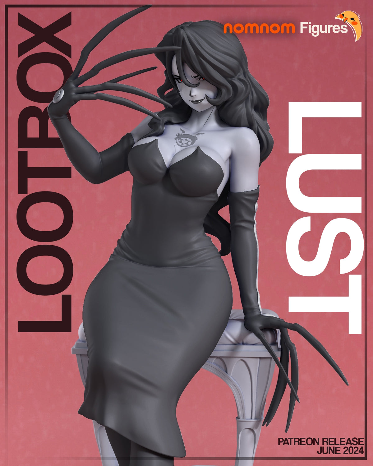 Lust from Fullmetal Alchemist poses in a black dress as an unpainted resin figure with long claws and sculpted base.
