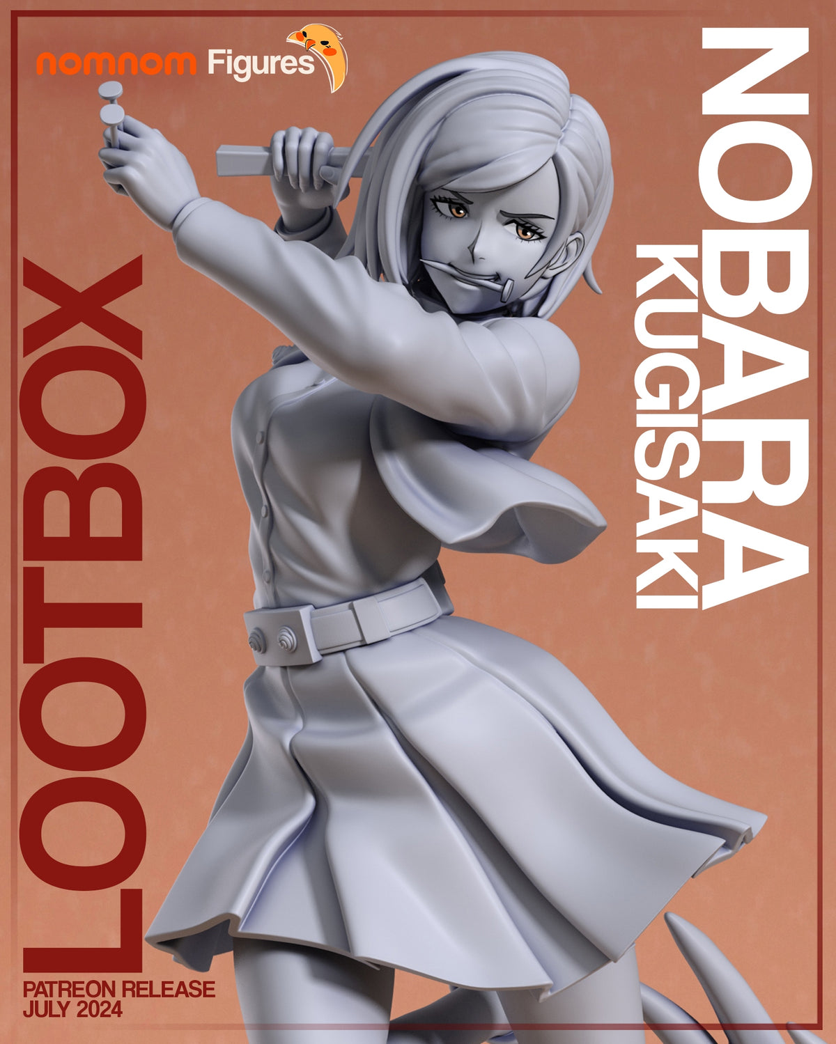 Unpainted Nobara Kugisaki resin figure from Jujutsu Kaisen poses three-quarter with hammer raised.