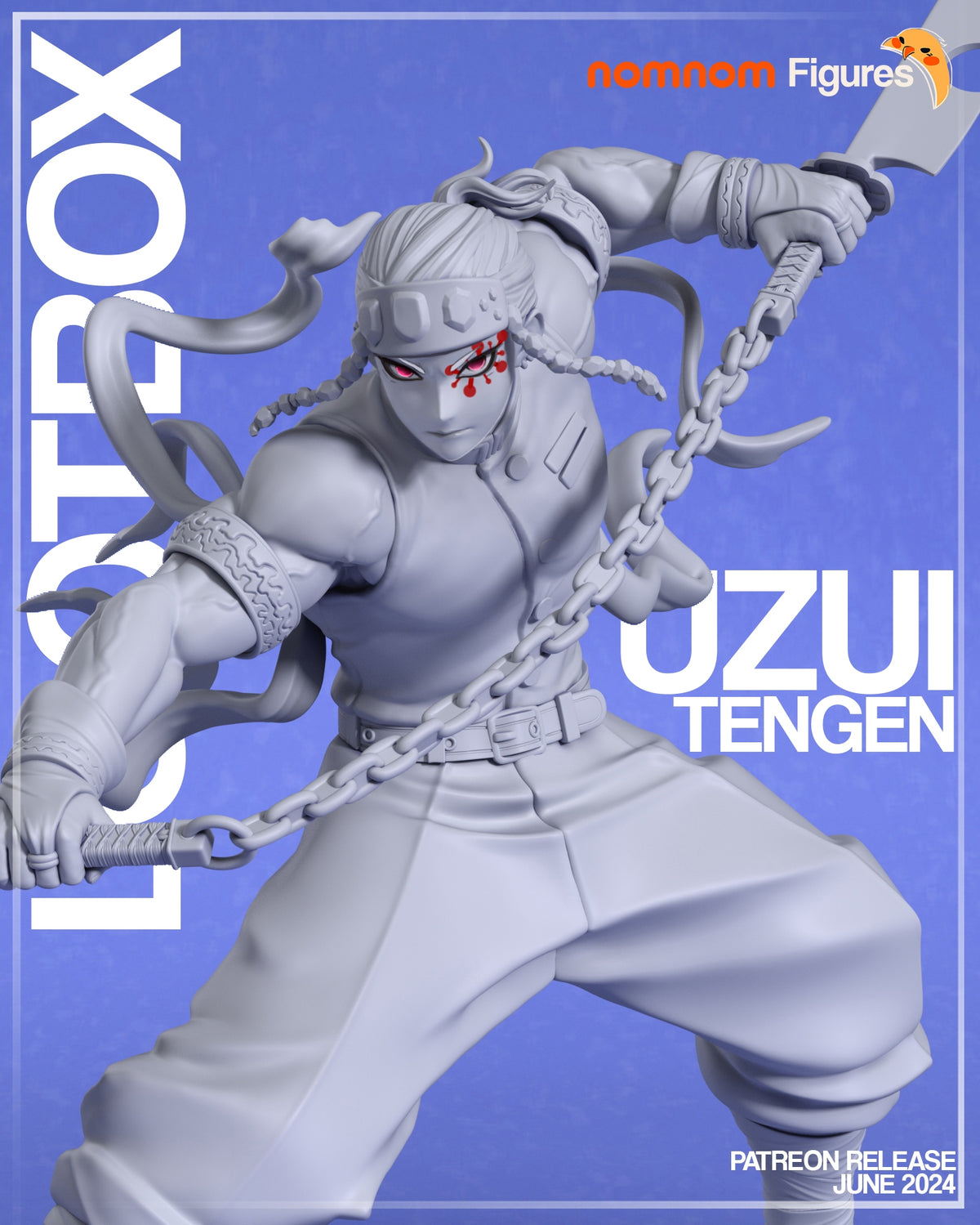 Uzui Tengen from Demon Slayer lunges with chained blades in an unpainted resin figure.