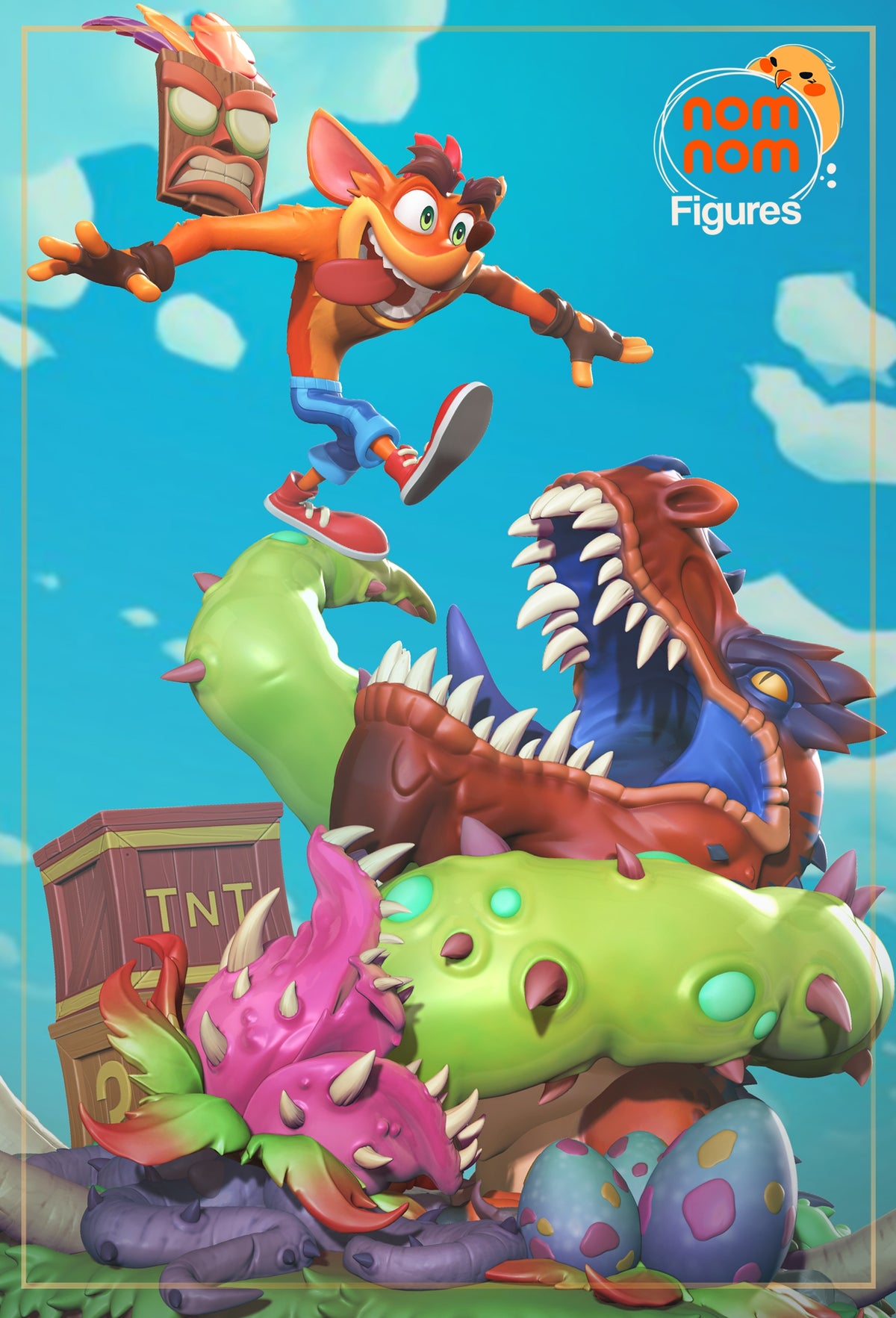 Spin Bandicoot resin figure leaps forward above a sculpted monster base, fully painted in Marsupial Mayhem.