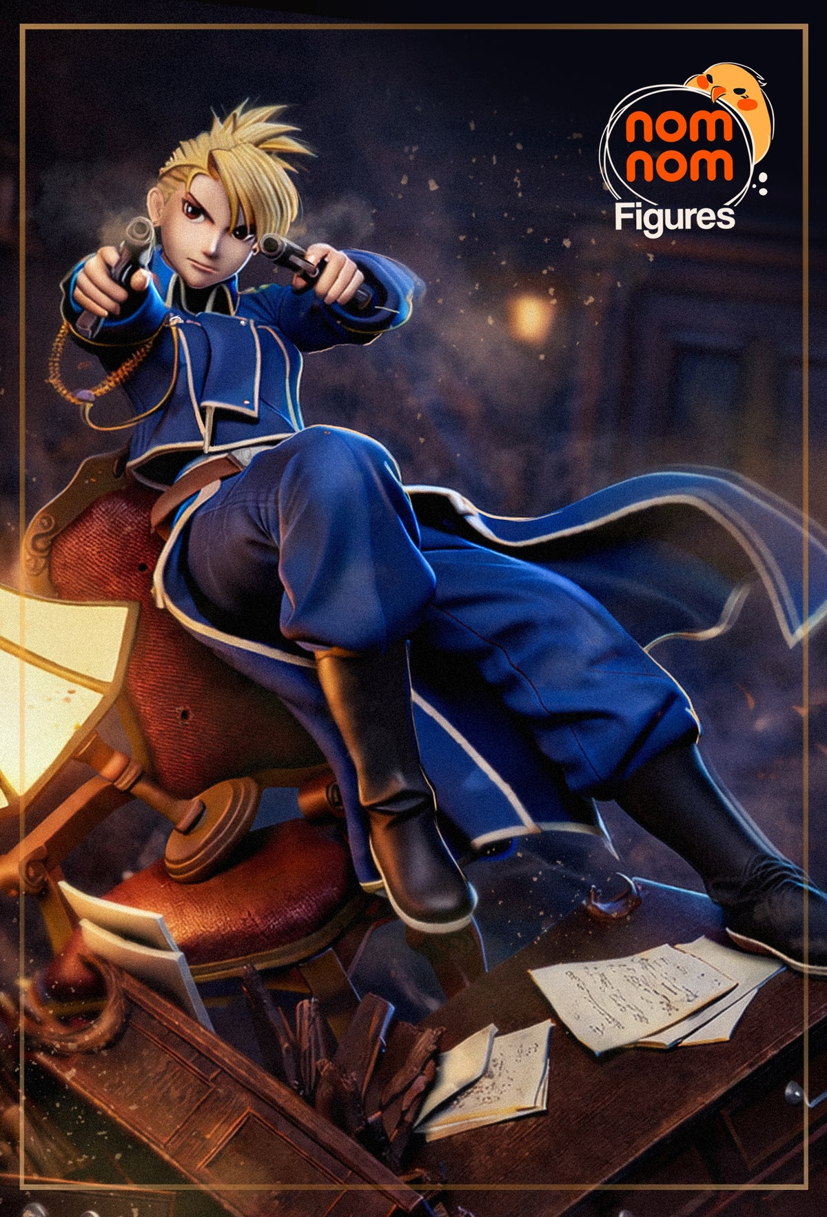 Rizza Hawkeye from Fullmetal Alchemist is a painted resin figure reclining with two guns.