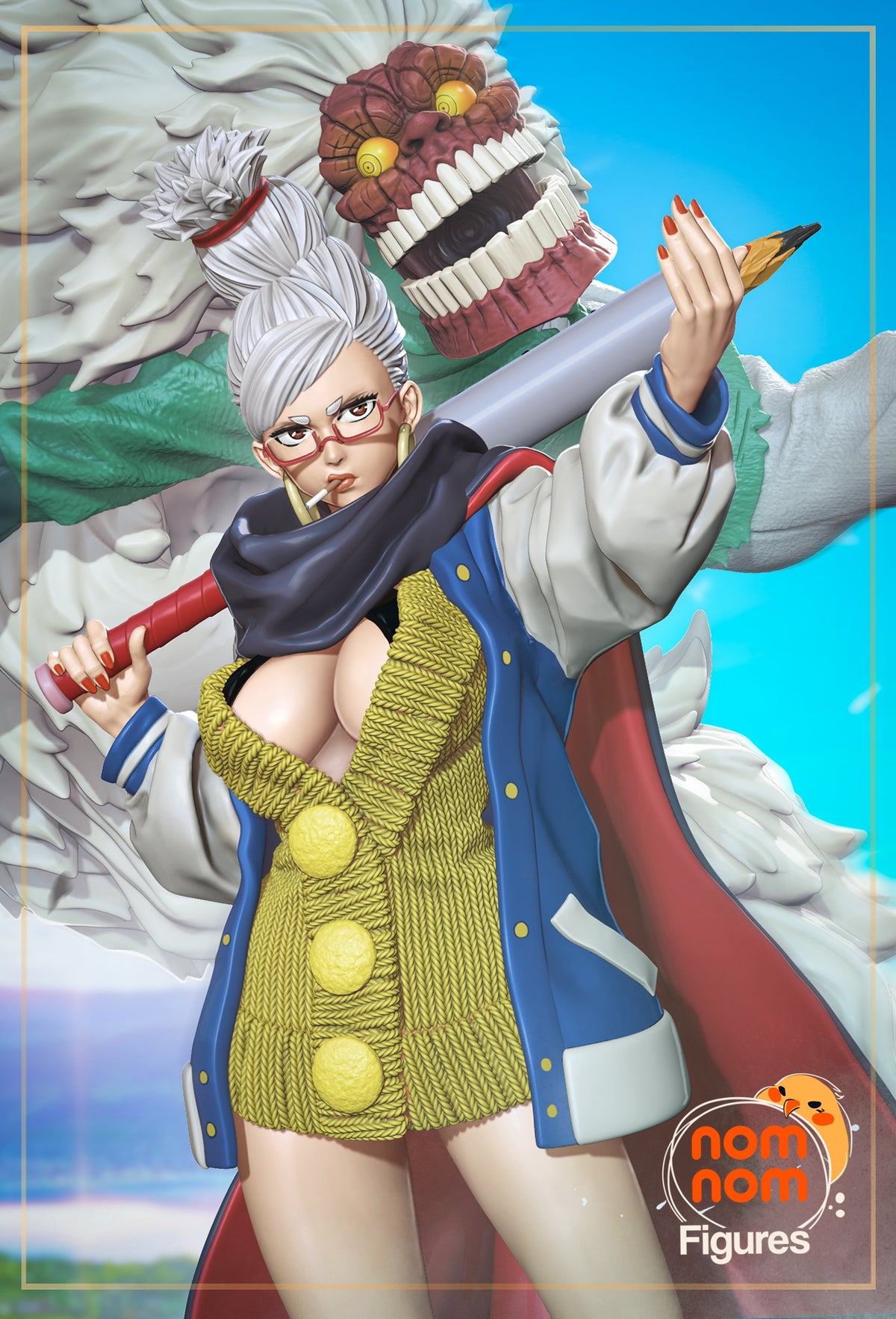 Painted resin figure of Seiko & Granny from Dandadan faces front, raising both arms with a creature behind.
