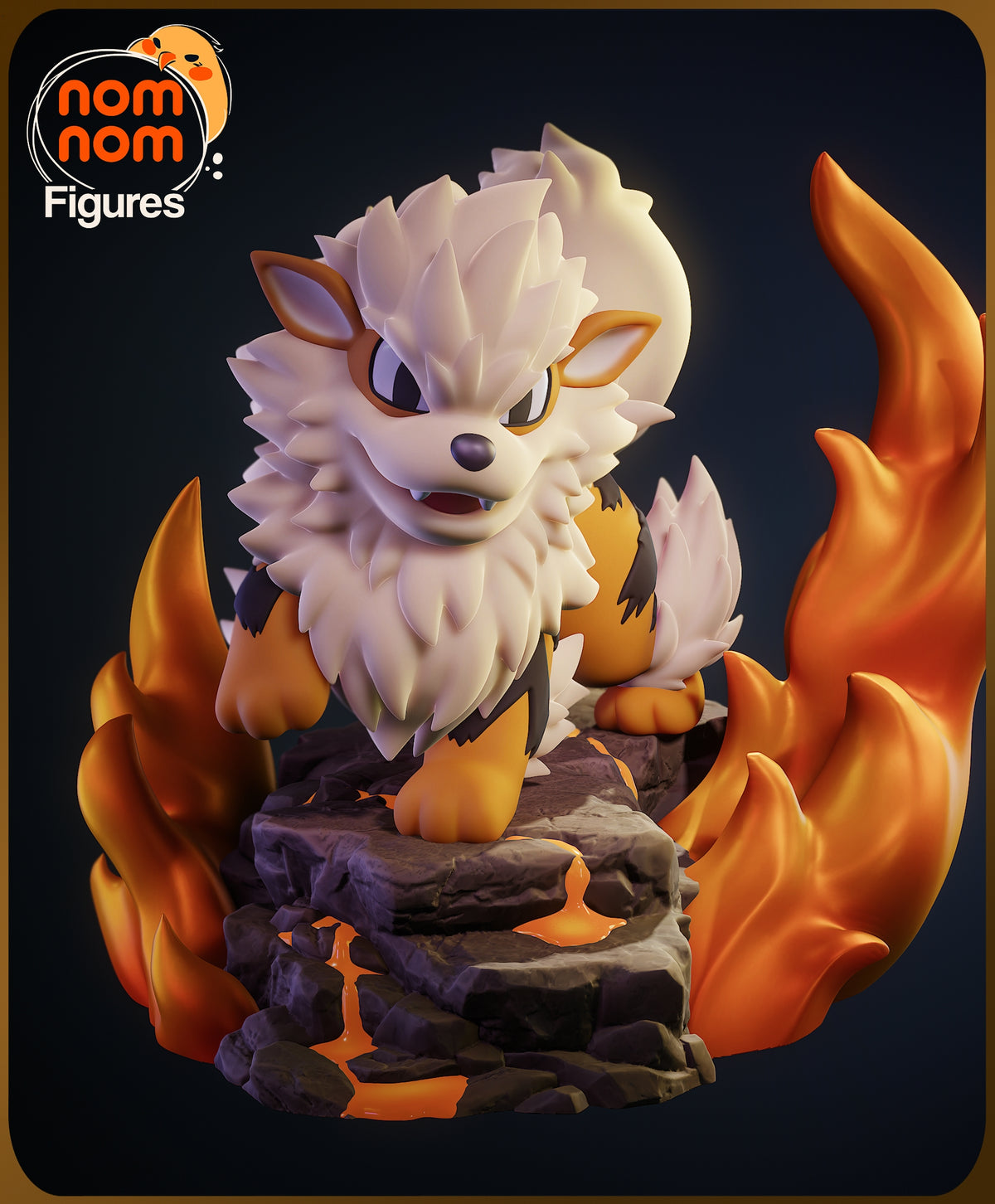Arcanine from Pokémon is a painted resin Chibi figure posed on four legs atop a rocky lava base.