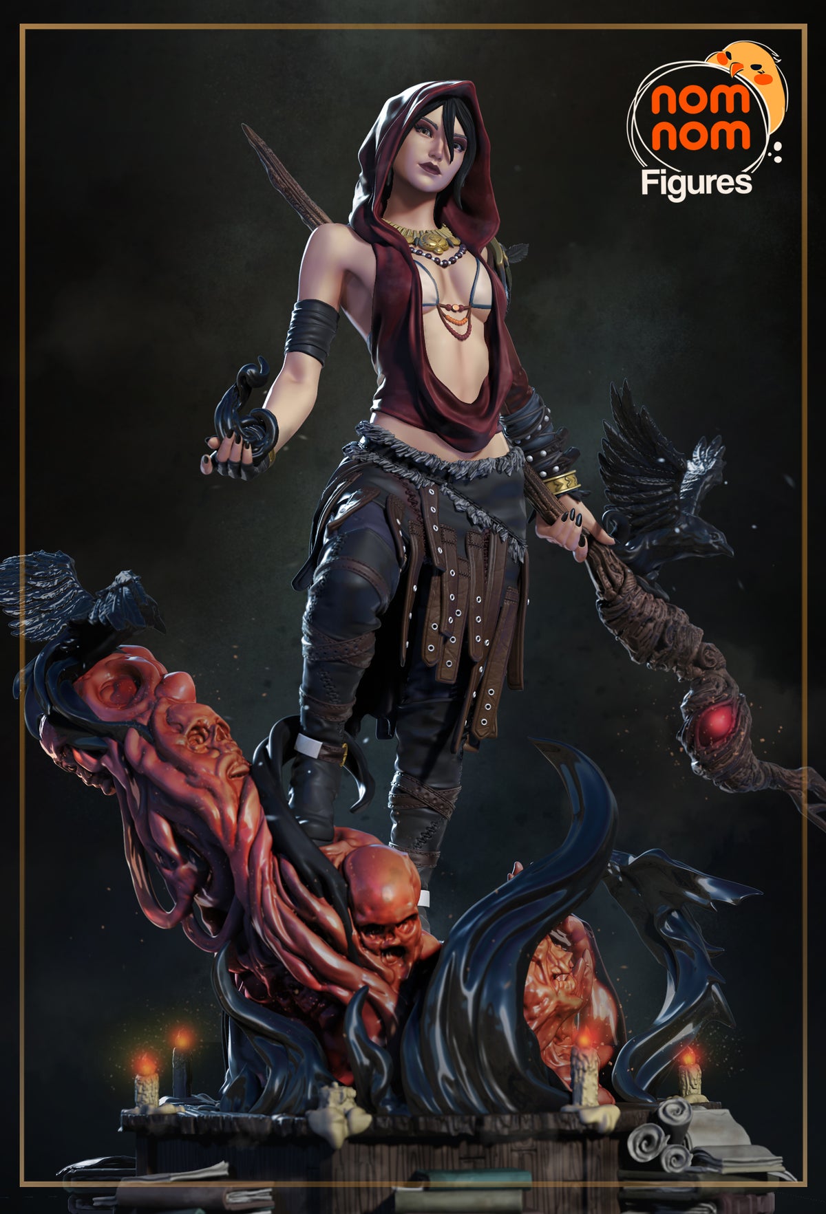 Morrigan from Dragon Age stands with a staff and raven on a sculpted base, painted resin figure.