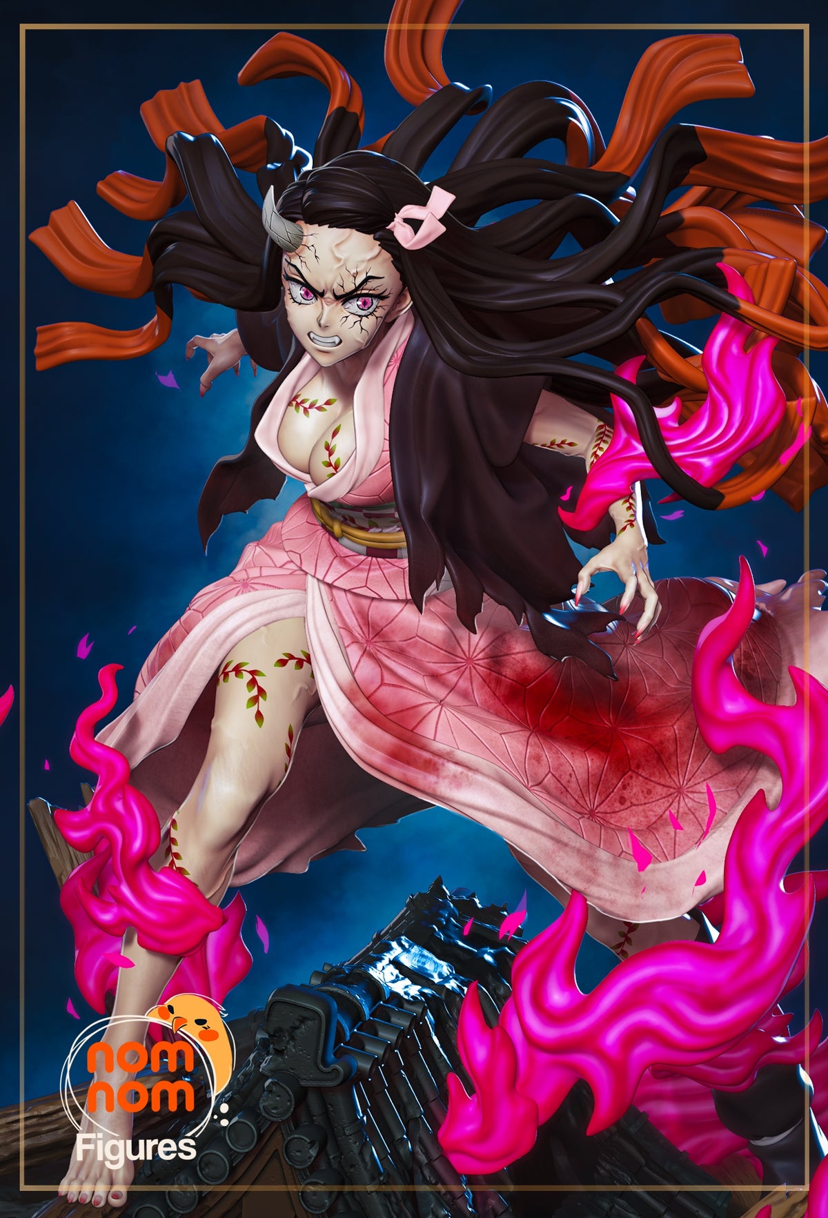 Nezuko from Demon Slayer is a painted resin figure in a dynamic pose on a sculpted base.