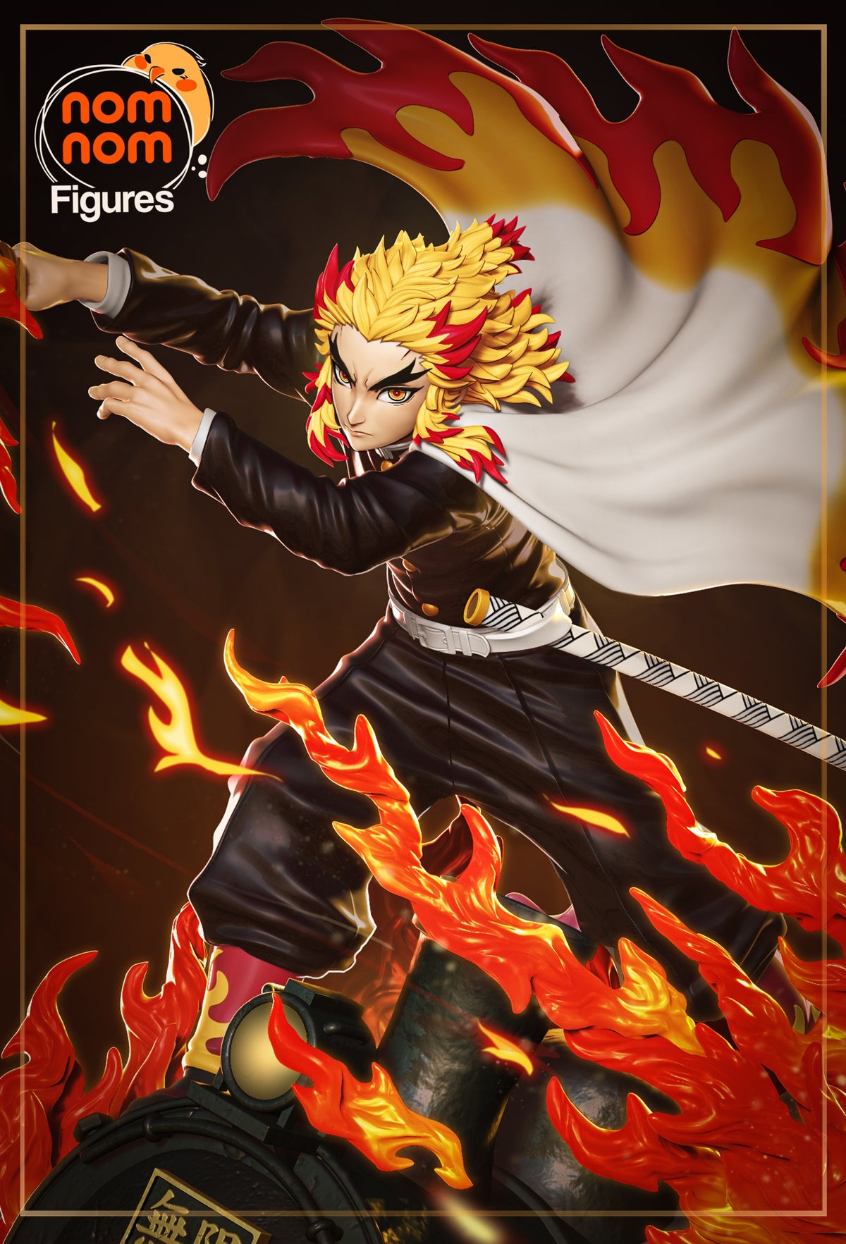Painted Rengoku from Demon Slayer is a resin figure with outstretched arms, sword, and flames.