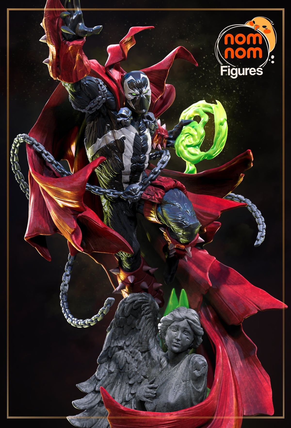 Spawn from Spawn comics is a painted resin figure shown front-facing with chains, cape, and an unpainted sculpted base.