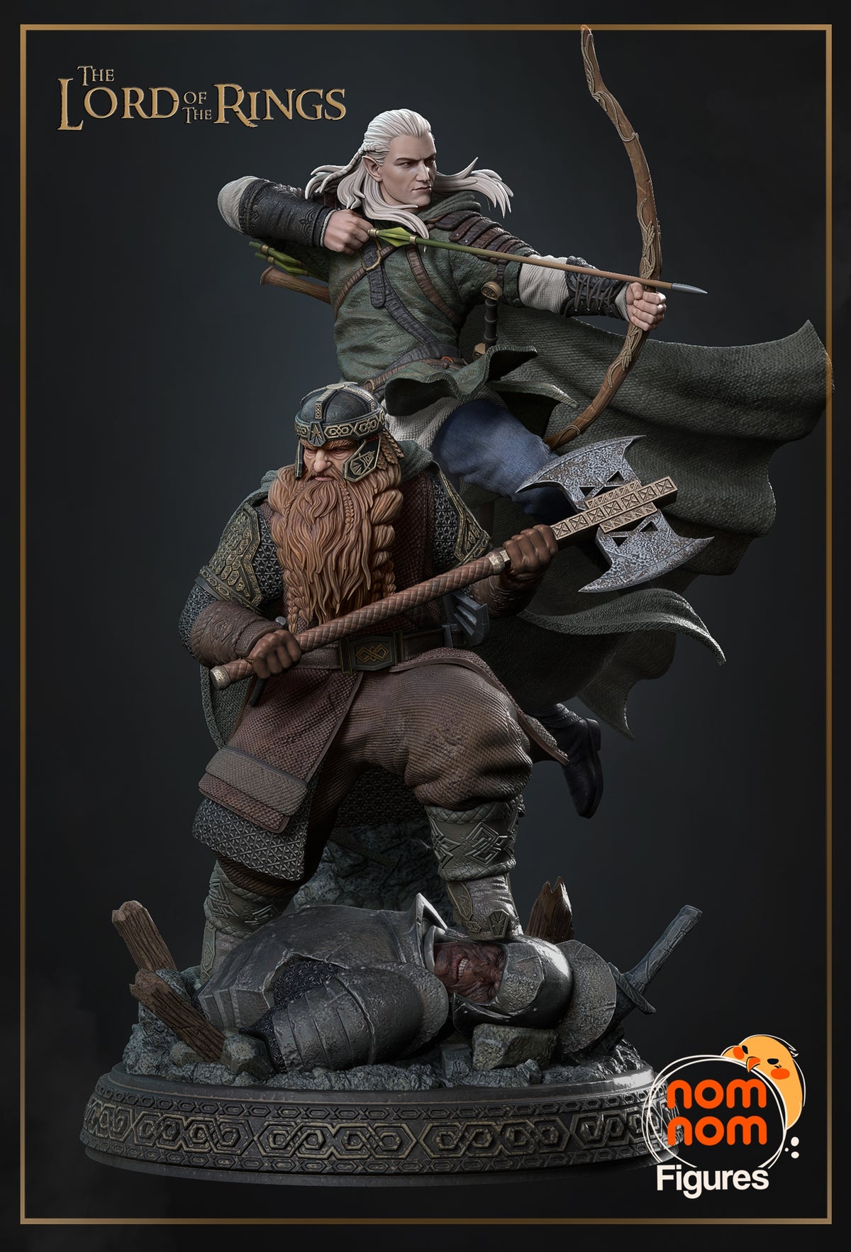 Painted Gimli and Legolas resin figure from Lord of the Rings shows axe, bow, and sculpted base.