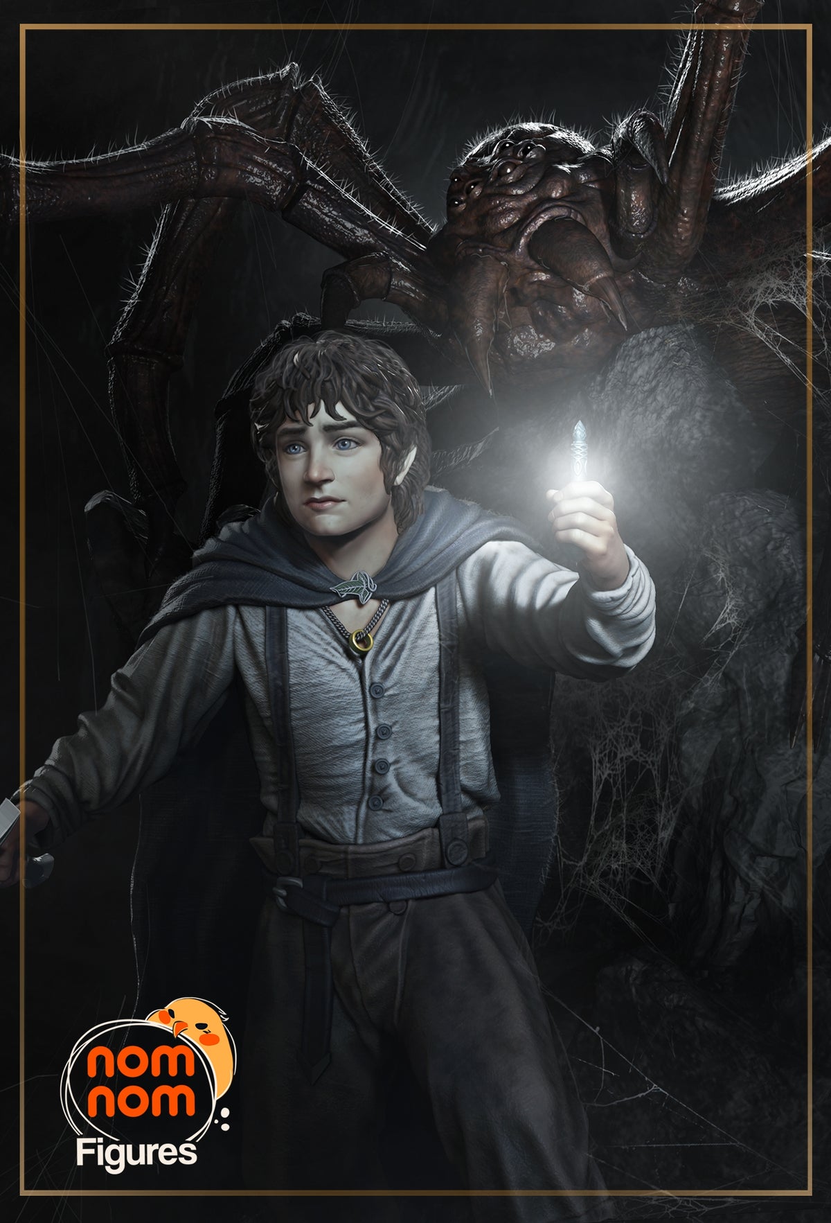 Painted resin figure of Frodo Baggins from Lord of the Rings stands holding a glowing sword.