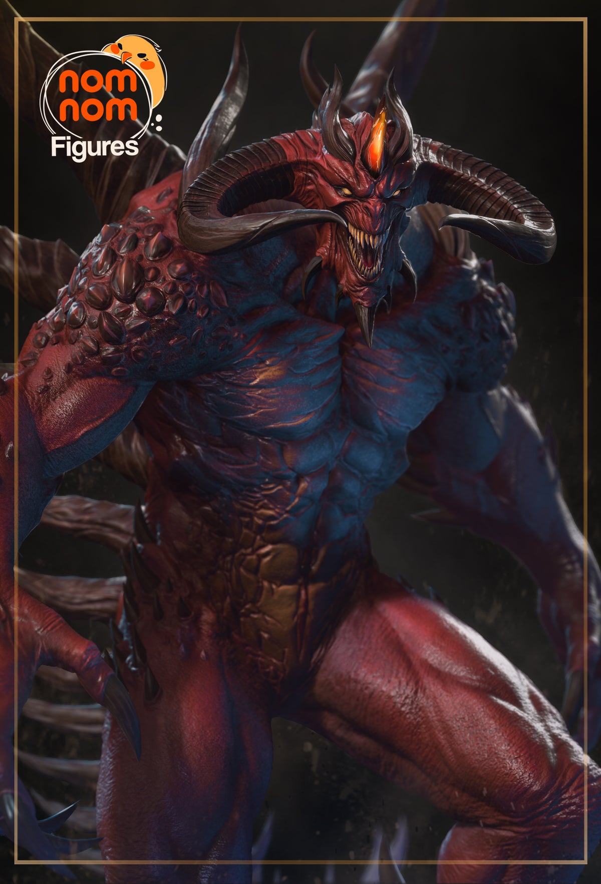 A painted Dark Lord from Diablo resin figure faces forward with horns, fangs, and armor.