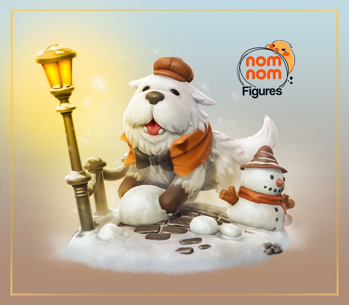 Bond from Spy x Family resin Chibi figure with winter outfit, holding a golden lantern next to a snowman, on snowy base.