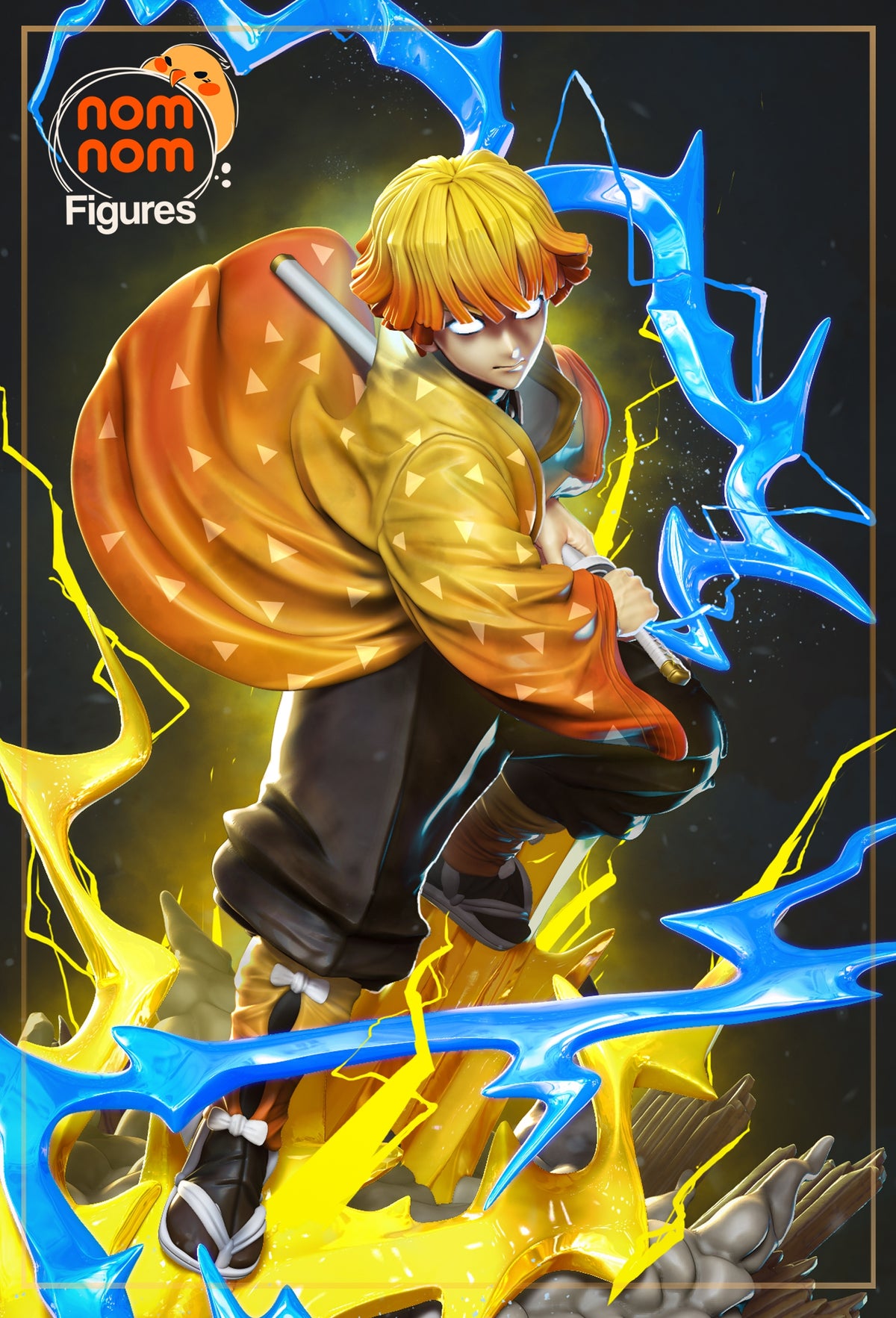 Zenitsu from Demon Slayer resin figure shown in a dynamic crouch with sword and lightning base.