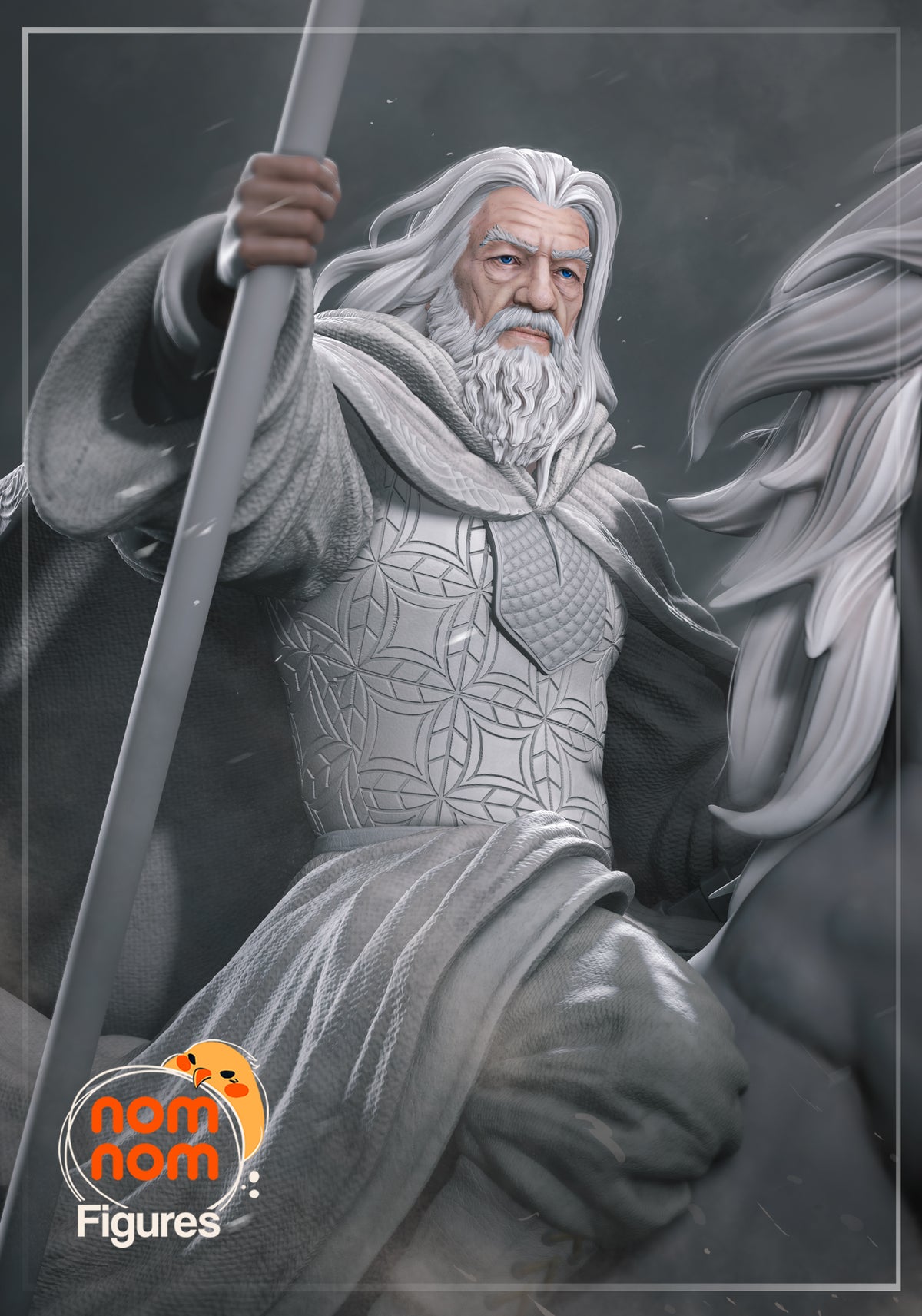 Gandalf from Lord of the Rings resin figure appears unpainted in close-up, holding a staff.