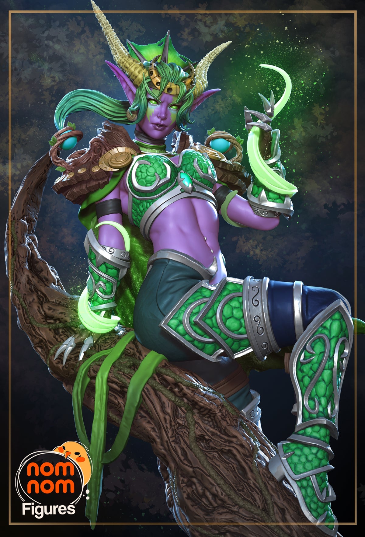 Ysera resin figure from World of Warcraft posed on a branch, displaying green and purple painted armor with detailed wings and horns, shot against a dark textured backdrop.