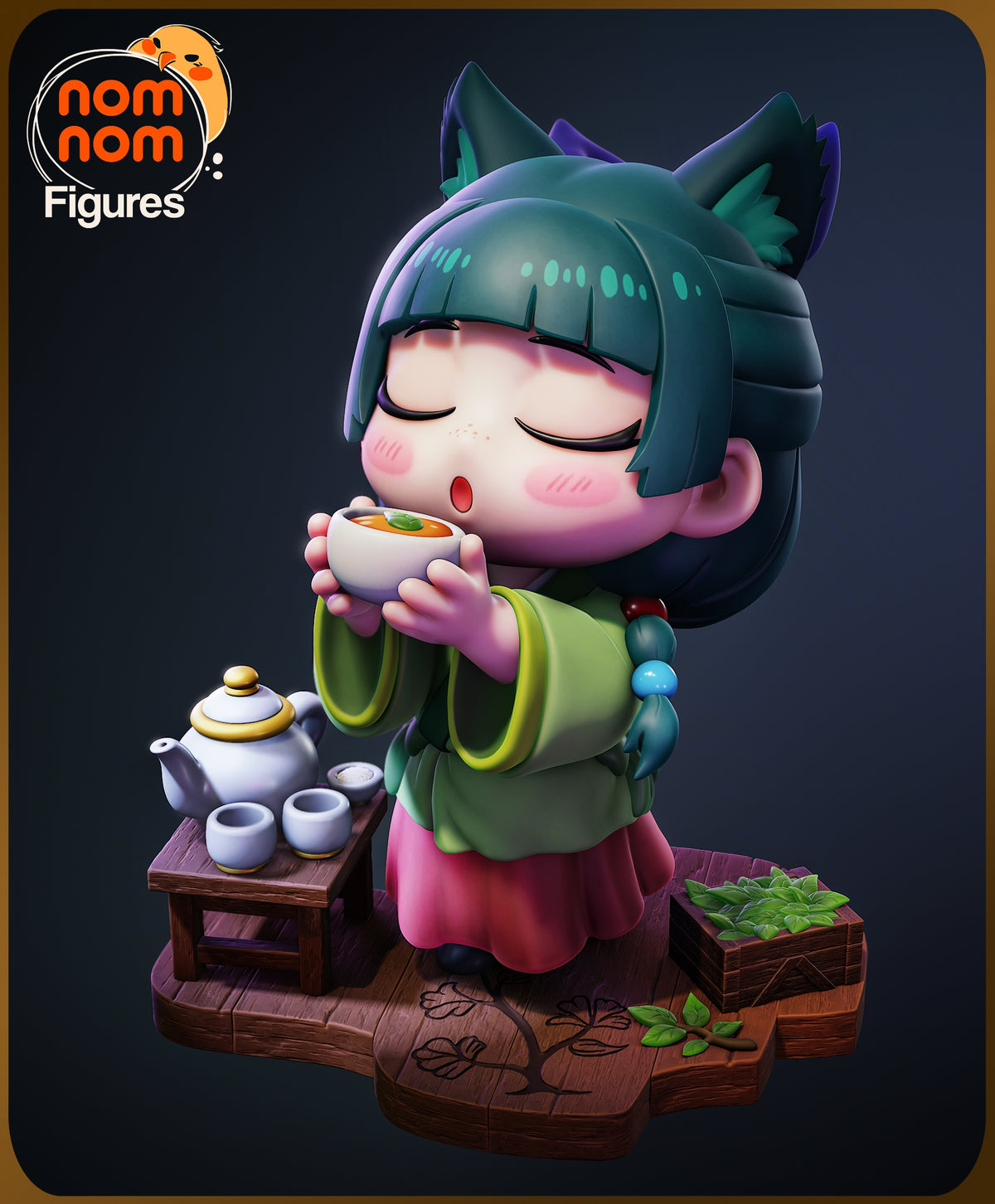 Maomao resin Chibi figure from Apothecary Diaries enjoying tea, seated on wooden base with teapot and plants, hand-painted details.