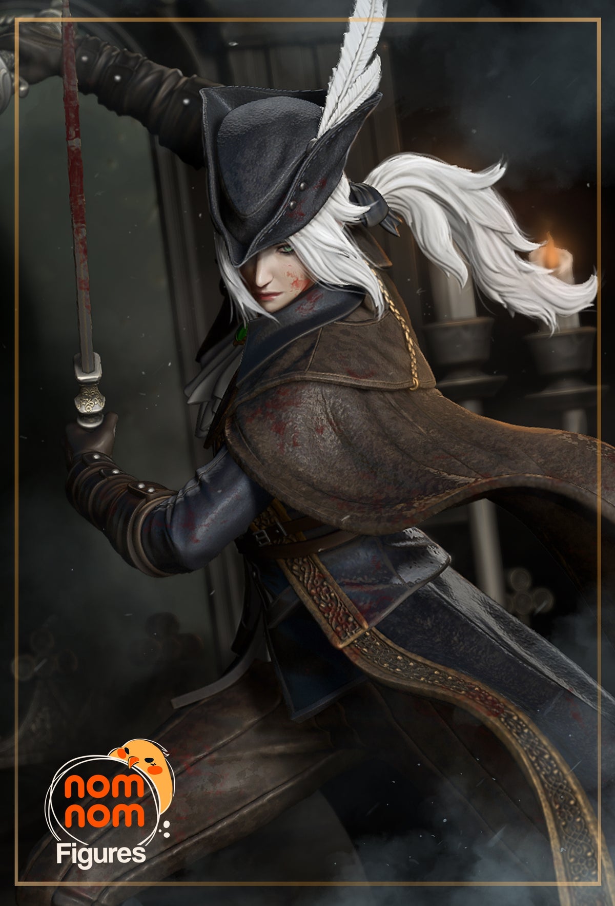 Painted resin figure of Lady Maria from Bloodborne in a side pose with sword raised.