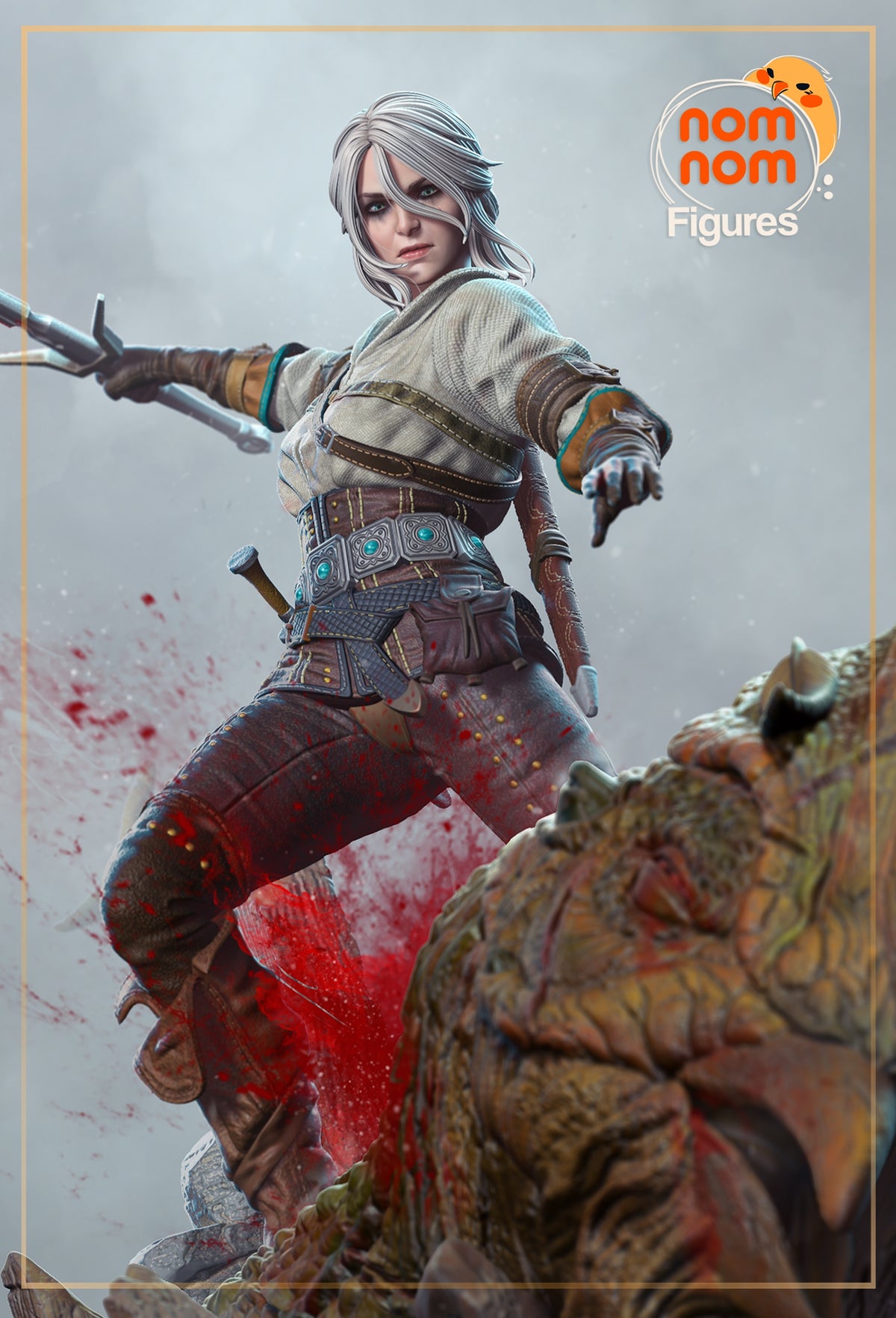 Ciri from The Witcher is a painted resin figure in a low-angle pose atop a sculpted monster base.