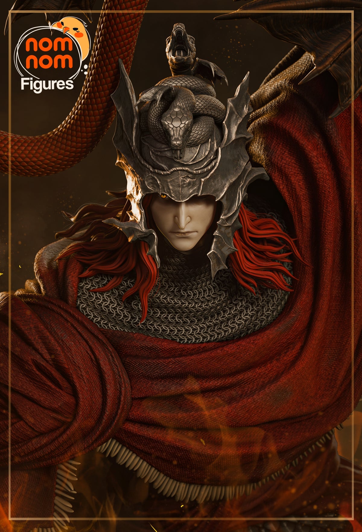 Front-facing painted resin figure of Messmer the Impaler from Elden Ring with helmet and red cloak.