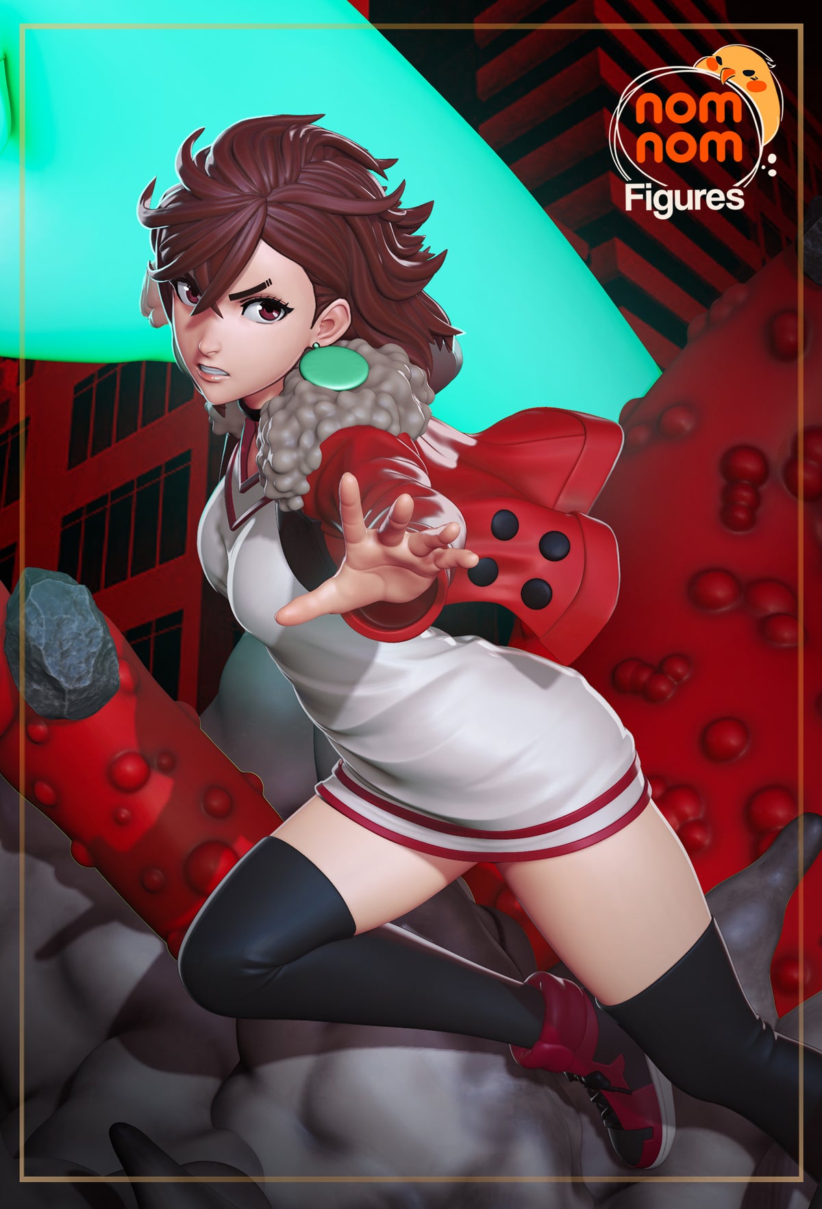 Painted Momo Ayase from Dandadan resin figure kneels in three-quarter view on a rocky base.