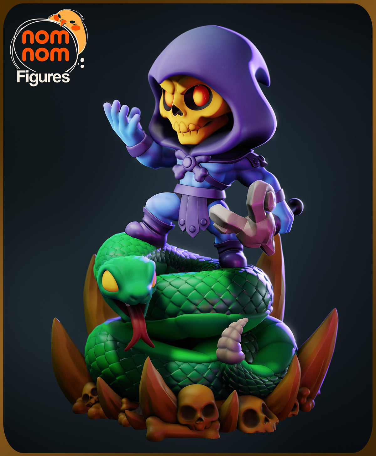 Skeletor resin Chibi figure posed waving atop a green serpent base with skull details, purple hood and armor painted in vibrant colors against dark background.