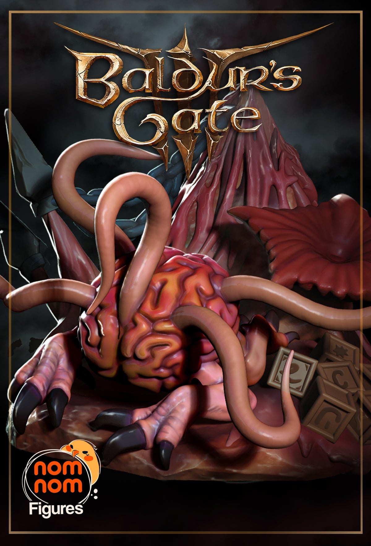 Nomnom Figures resin Chibi of Us from Baldur's Gate 3, fully painted with tentacles coiled around a stylized base, front three-quarter view.