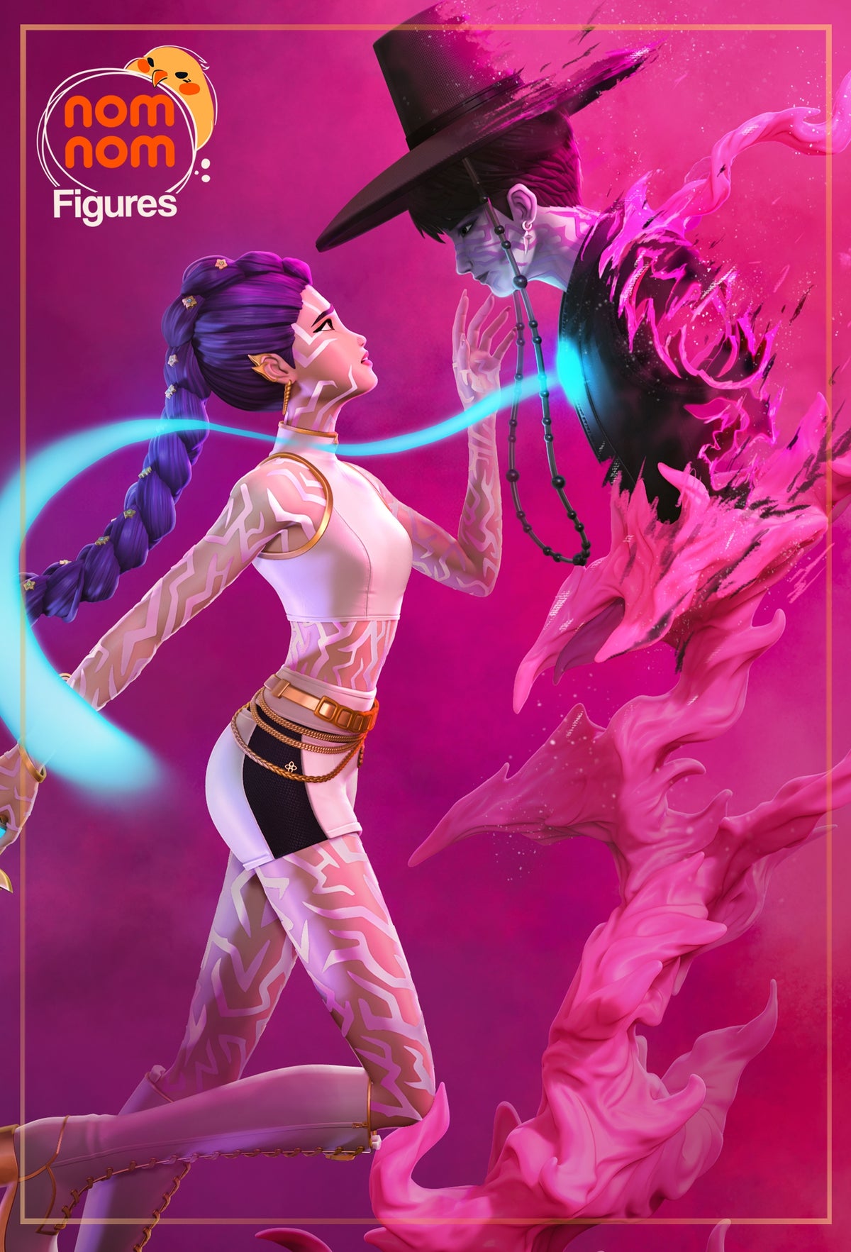 Rumi from KPop Demon Hunters appears in a painted resin figure pose beside a demon.
