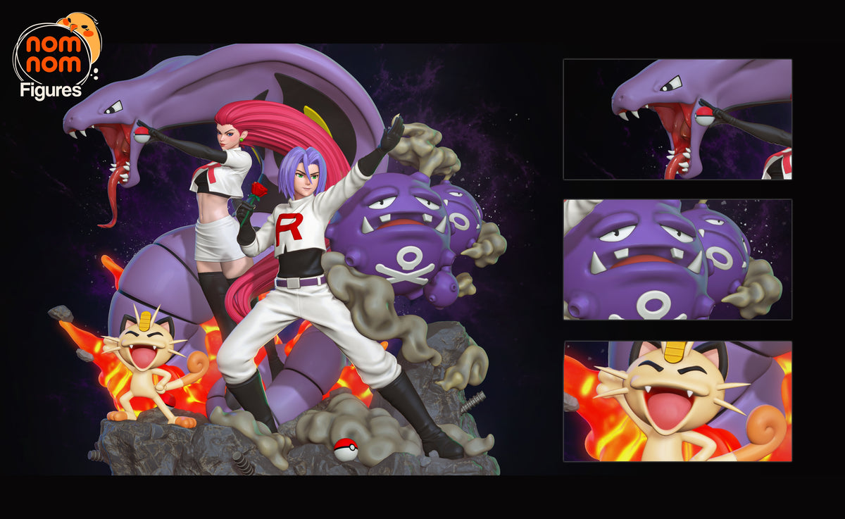 Painted Jessie and James from Pokémon stand with Pokémon on a rocky resin diorama base.