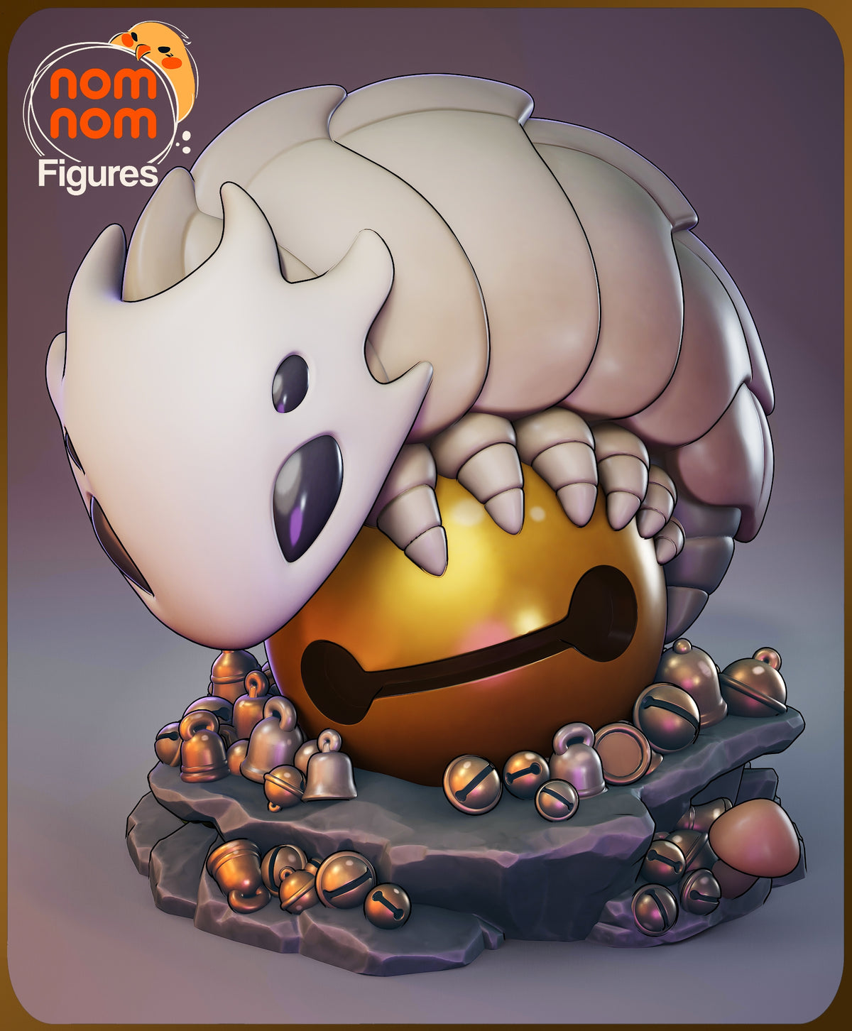 Bell Beast resin Chibi figure from Hollow Knight, front three-quarter view on rocky base with metallic painted details and unpainted white horns.