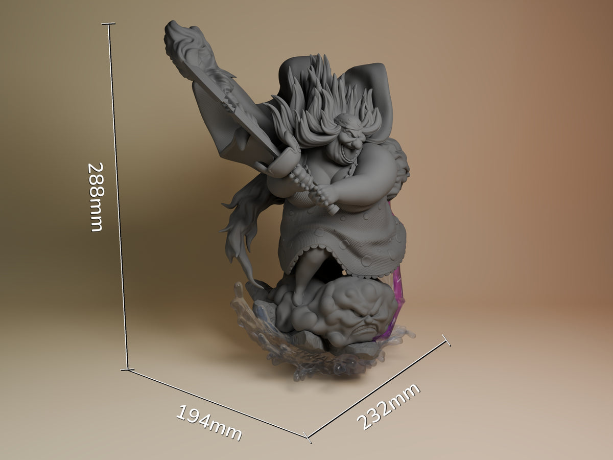 Big Mom from One Piece is an unpainted resin figure shown front-facing with a weapon and sculpted base.