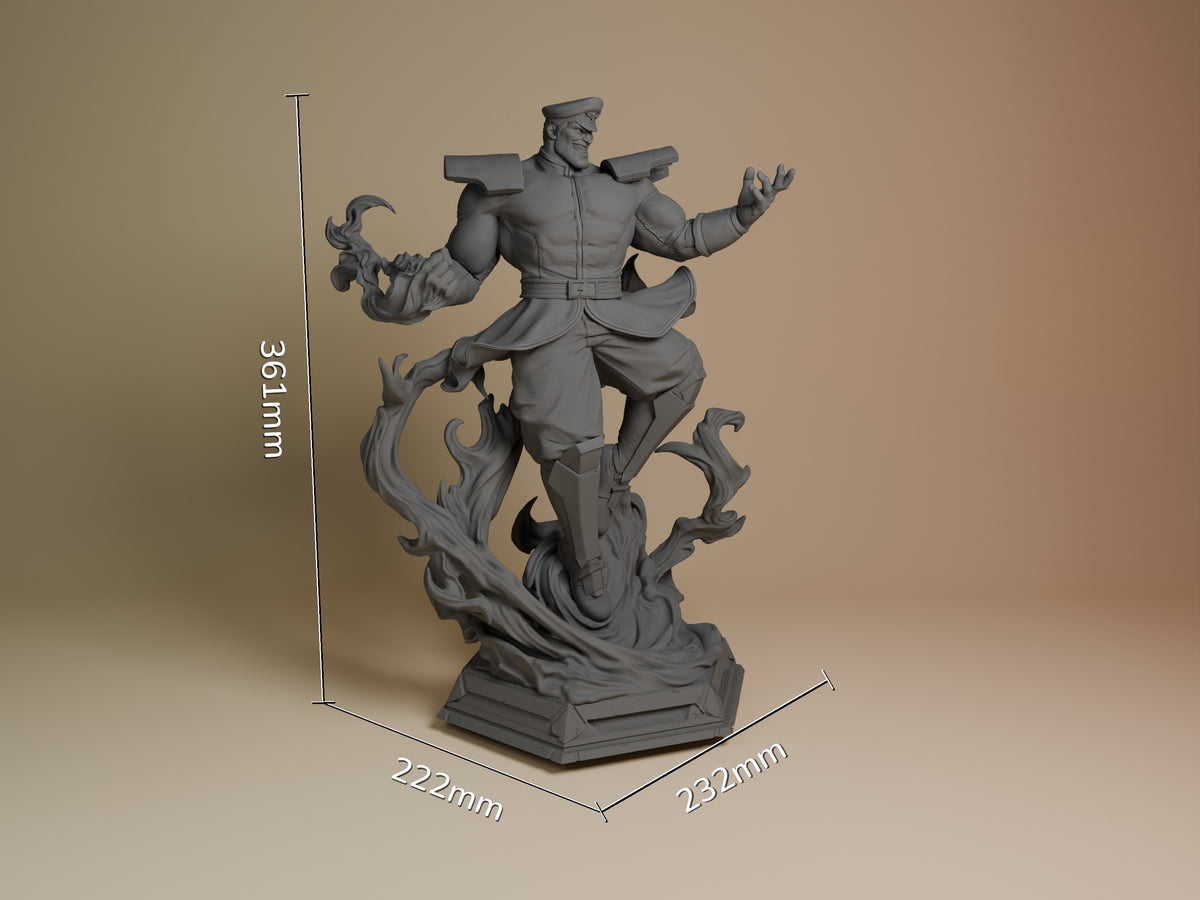 Bison resin figure shown at scale with dimensions marked: 361mm height, 222mm width, 232mm depth. Unpainted gray resin statue depicts the Street Fighter villain in dynamic pose on ornate base.