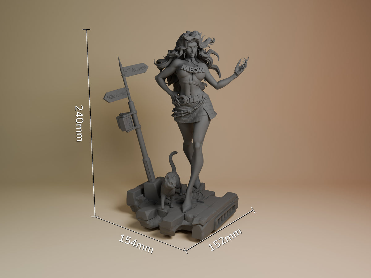 Midnight Thief resin figure from Super Rivals shown at 240mm height with 154x152mm base footprint, unpainted gray resin, dynamic pose with signpost and cat companion.