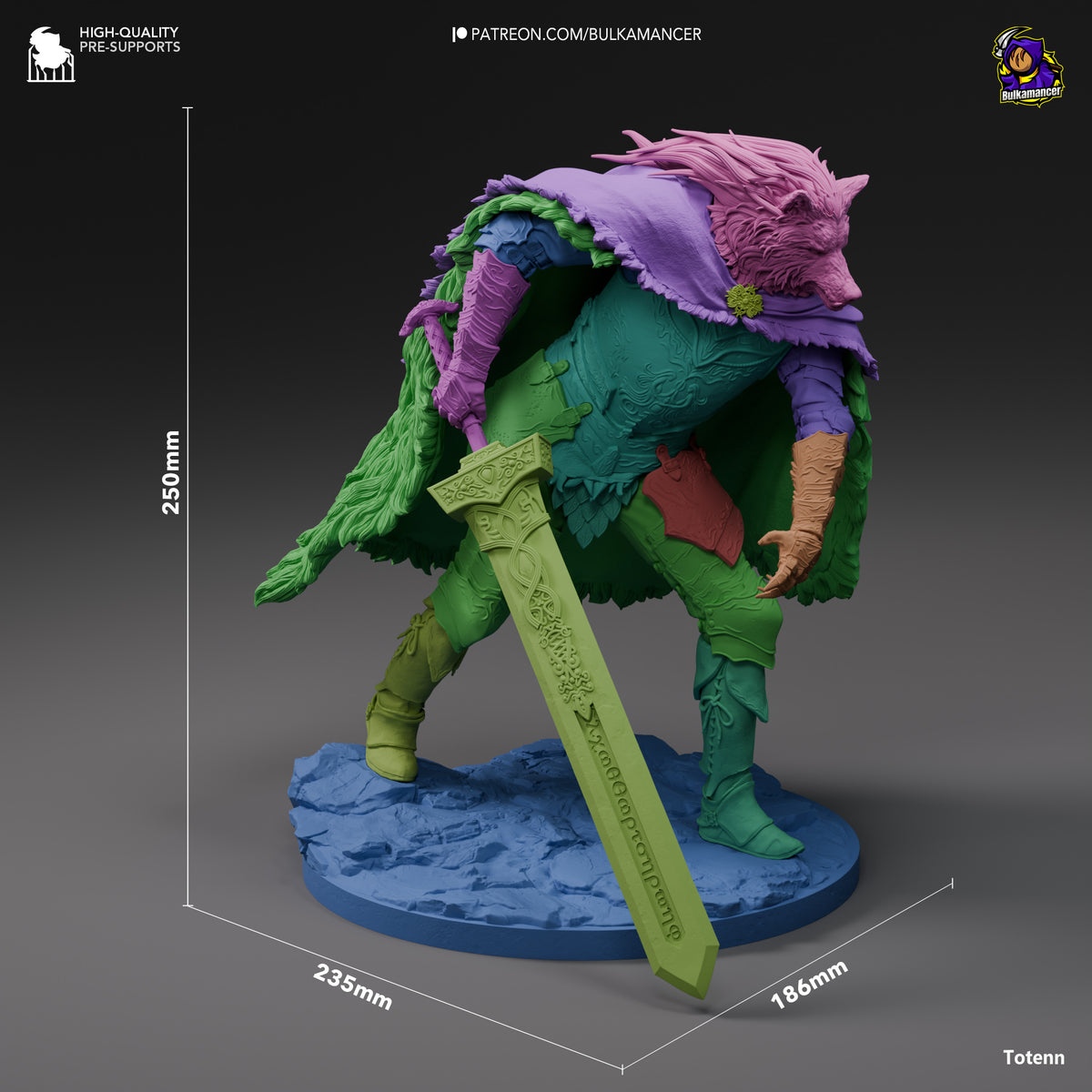 Blaidd resin figure from Elden Ring shown at 250mm height, side angle displaying green fur, purple clothing, and ornate sword on blue base.
