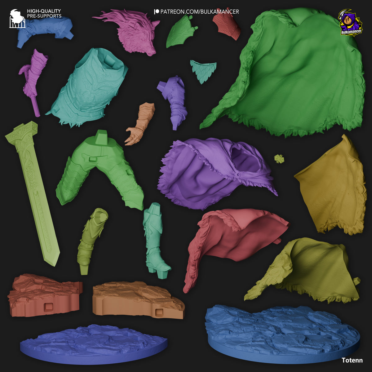 Disassembled resin figure parts for Blaidd from Elden Ring in various colors, including limbs, torso, head, and base pieces laid flat on black background.