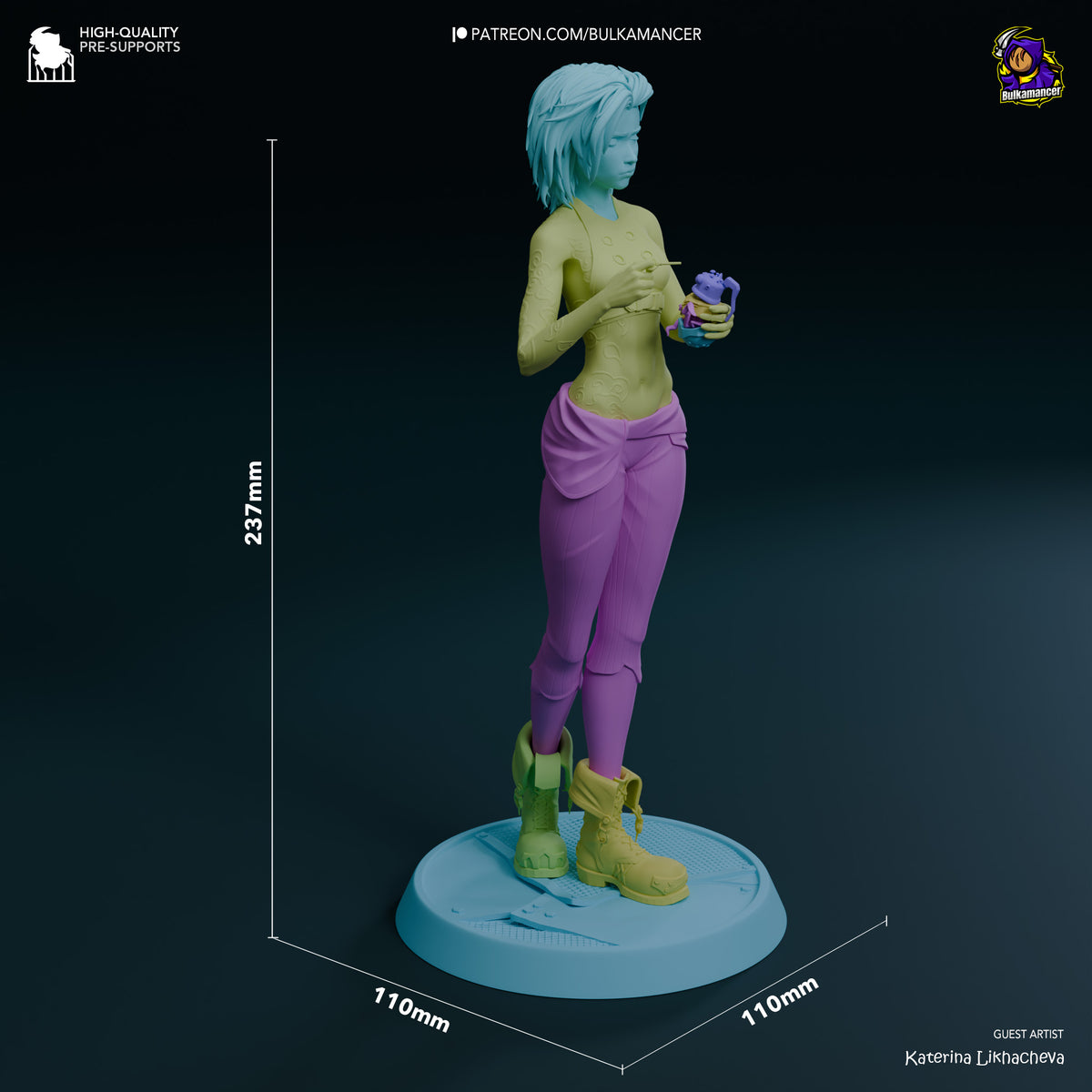Broken Jinx resin figure shown in profile at 237mm height, displaying painted torso and unpainted lower body on light blue base, holding weapons.