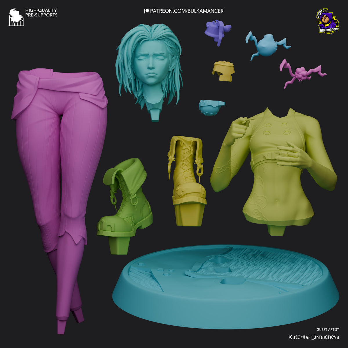 Unpainted resin figure parts for Broken Jinx from Arcane displayed on dark background: legs, head, torso, boots, base, and accessories in pink, teal, and yellow.