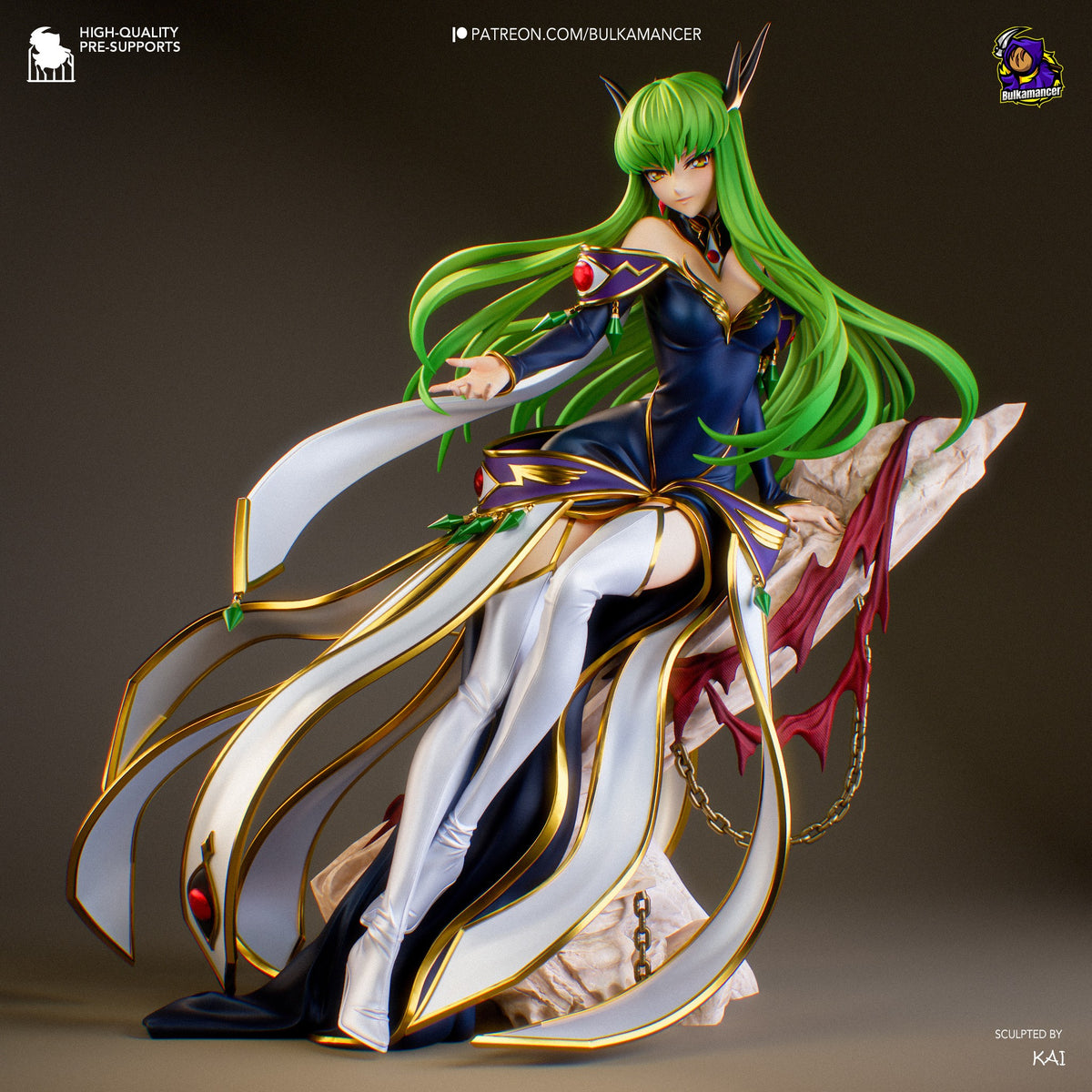 Empress C.C. from Code Geass sits in a poised three-quarter resin figure with painted details and rocky base.