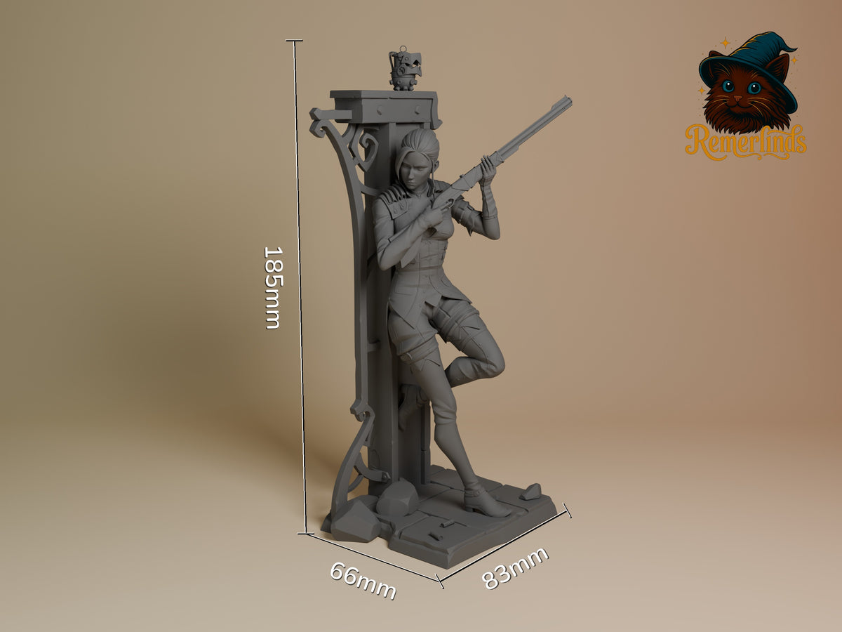 Caitlyn from Arcane resin figure is unpainted in three-quarter view, with rifle, lifted leg, 185mm height, and sculpted base.