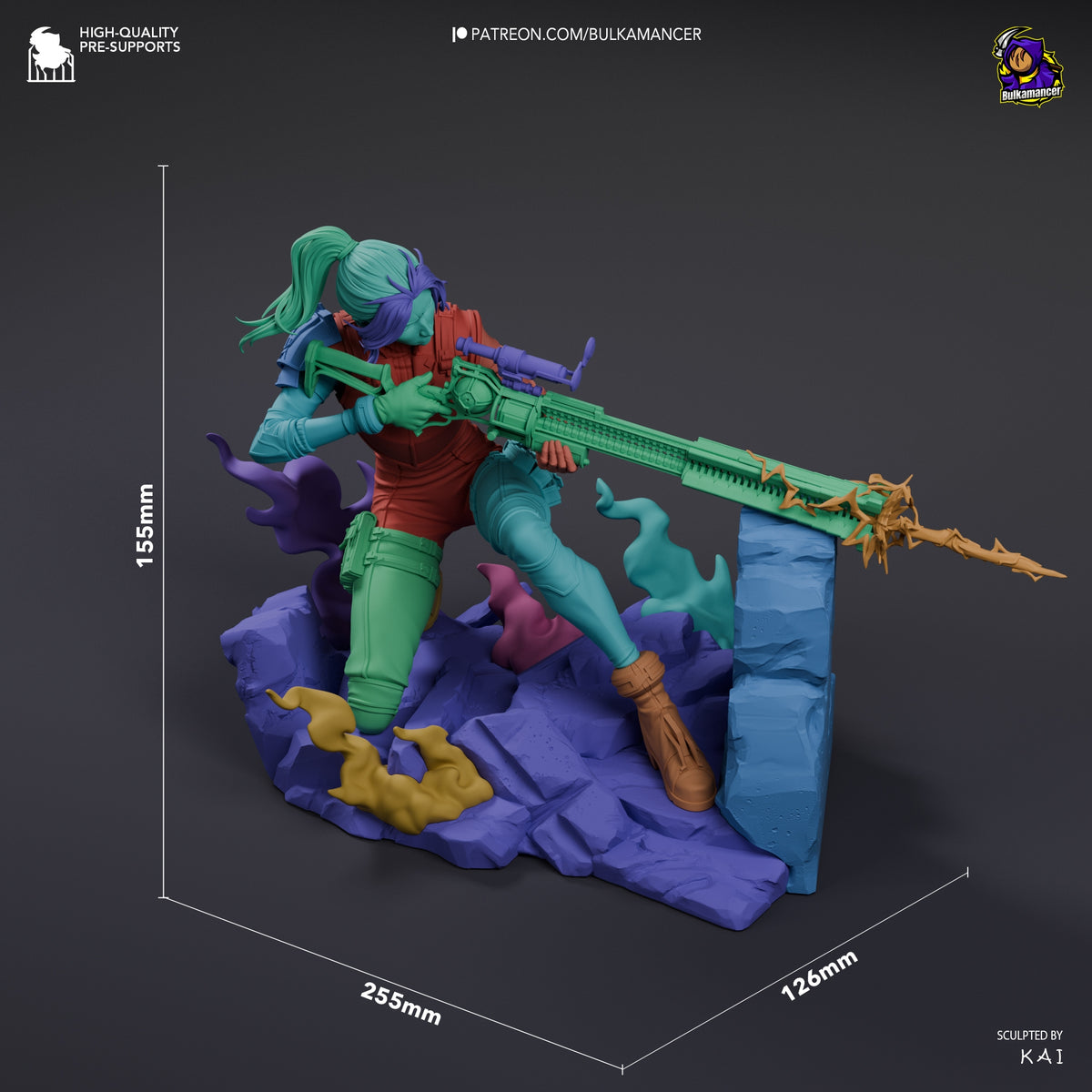 Caitlyn from Arcane resin figure shown at 155mm height, posed aiming her rifle on a purple rocky base, painted in vibrant colors with scale dimensions displayed.