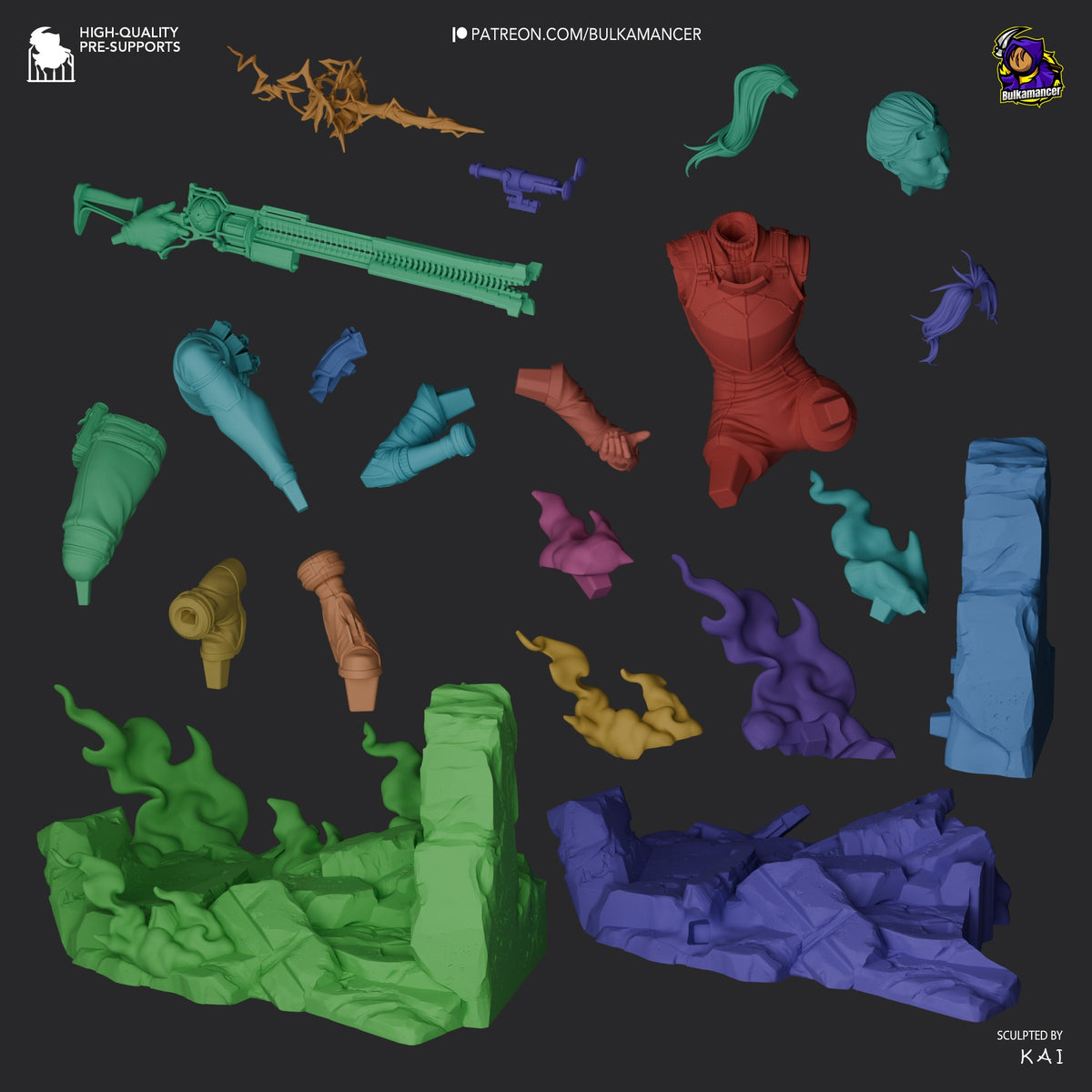Caitlyn Arcane resin figure parts displayed on dark background, showing painted components in green, blue, red, and purple including weapon, torso, limbs, and base pieces.