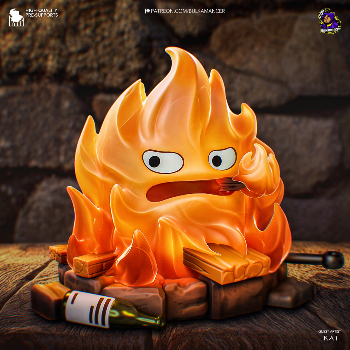Calcifer resin Chibi figure from Howl's Moving Castle sits on wooden base with beer bottle, mouth open in surprise, detailed orange flame hair and body paint.