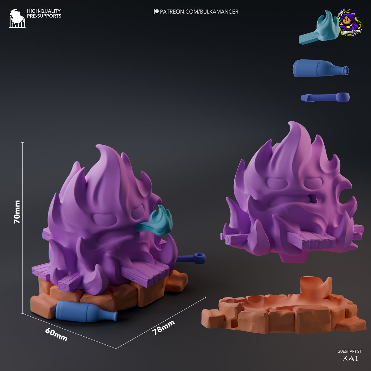 Calcifer resin Chibi figure at 70mm scale shown from front angle with purple flame body, blue accents, brown base, and loose component parts displayed above.