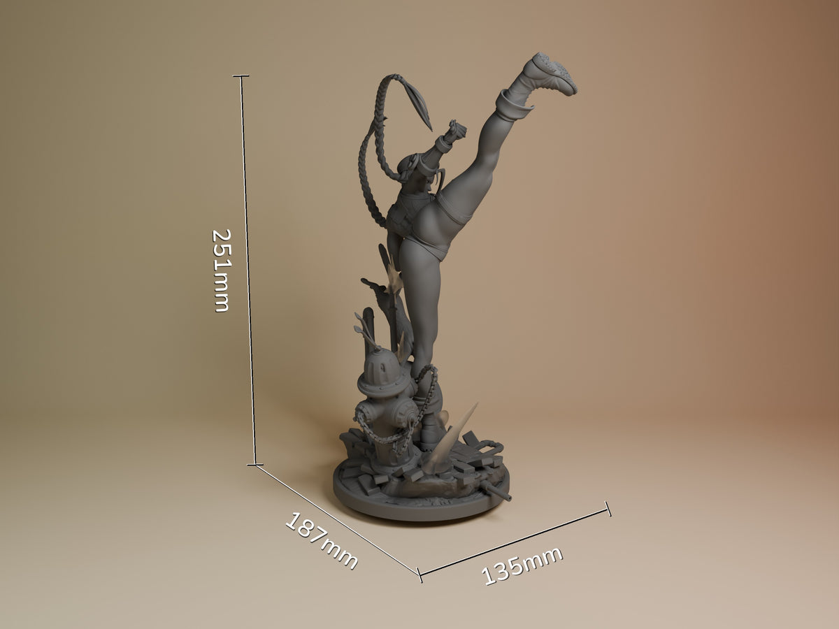 Cammy resin figure shown at scale with dimensions 251mm height, 187mm depth, 135mm width. Unpainted gray resin depicts character in dynamic mid-air kick pose with whip, mounted on detailed base.