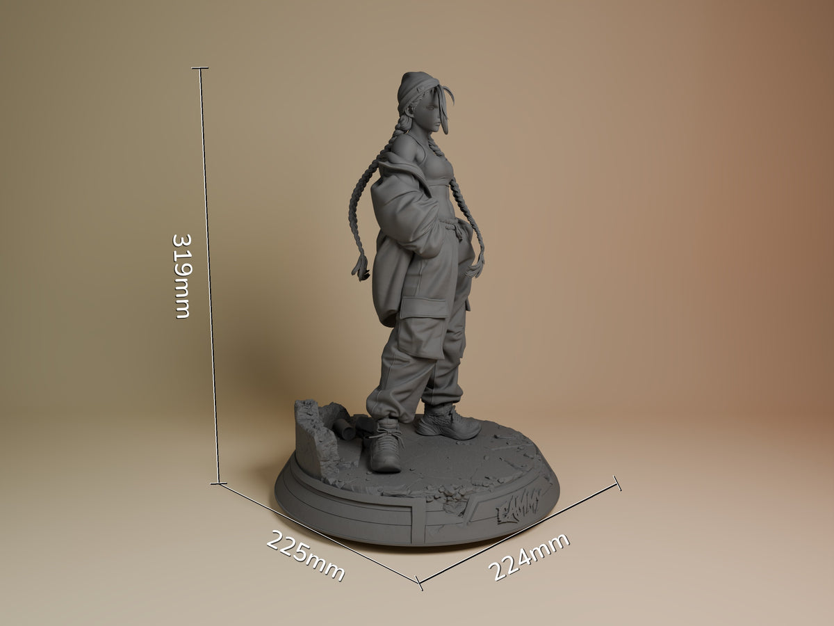 Cammy resin figure shown in profile stance on circular base with scale reference lines indicating 319mm height, 225mm and 224mm width dimensions.