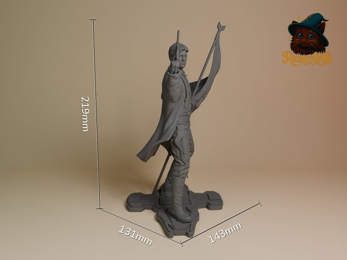 Captain Raines from Frontier Firecrew stands side-on with bow raised, an unpainted resin figure on a sculpted base.