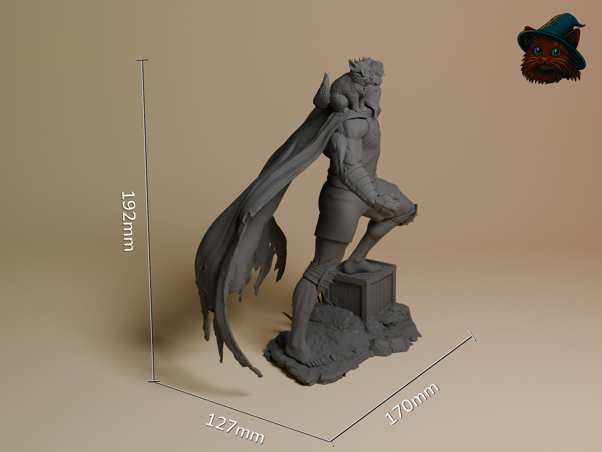 Unpainted resin figure of Carl from Dungeon Crawler Carl stands three-quarter on a rocky crate base, scaled 192mm tall.