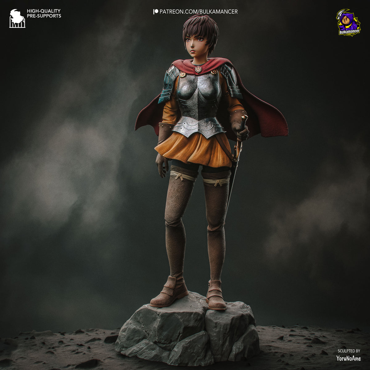 Casca from Berserk stands painted on a sculpted rocky base, holding a sword as a resin figure.